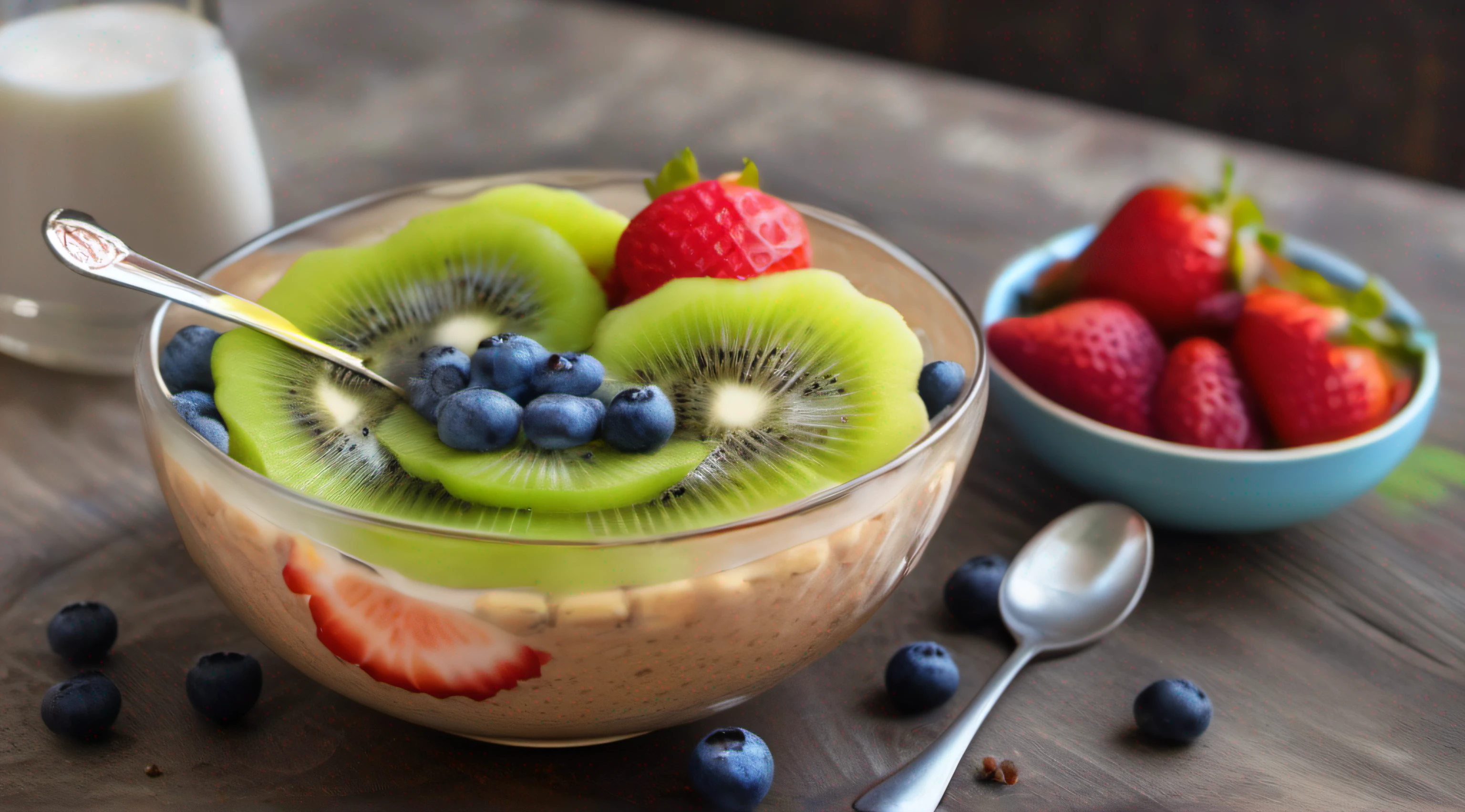 A very beautiful bowl with 2 tablespoons chia seeds 1 cup milk (puede ser leche de vaca, leche vegetal o yogur) 1 tablespoon honey or other sweetener of your choice 1 teaspoon vanilla extract (opcional) Frutas frescas picadas (como las fresas, kiwi, Manga, Mirtilos, etc.) para la cobertura , This bowl is on a very beautiful table with other fruits, formando una escena muy bonita y bonita.