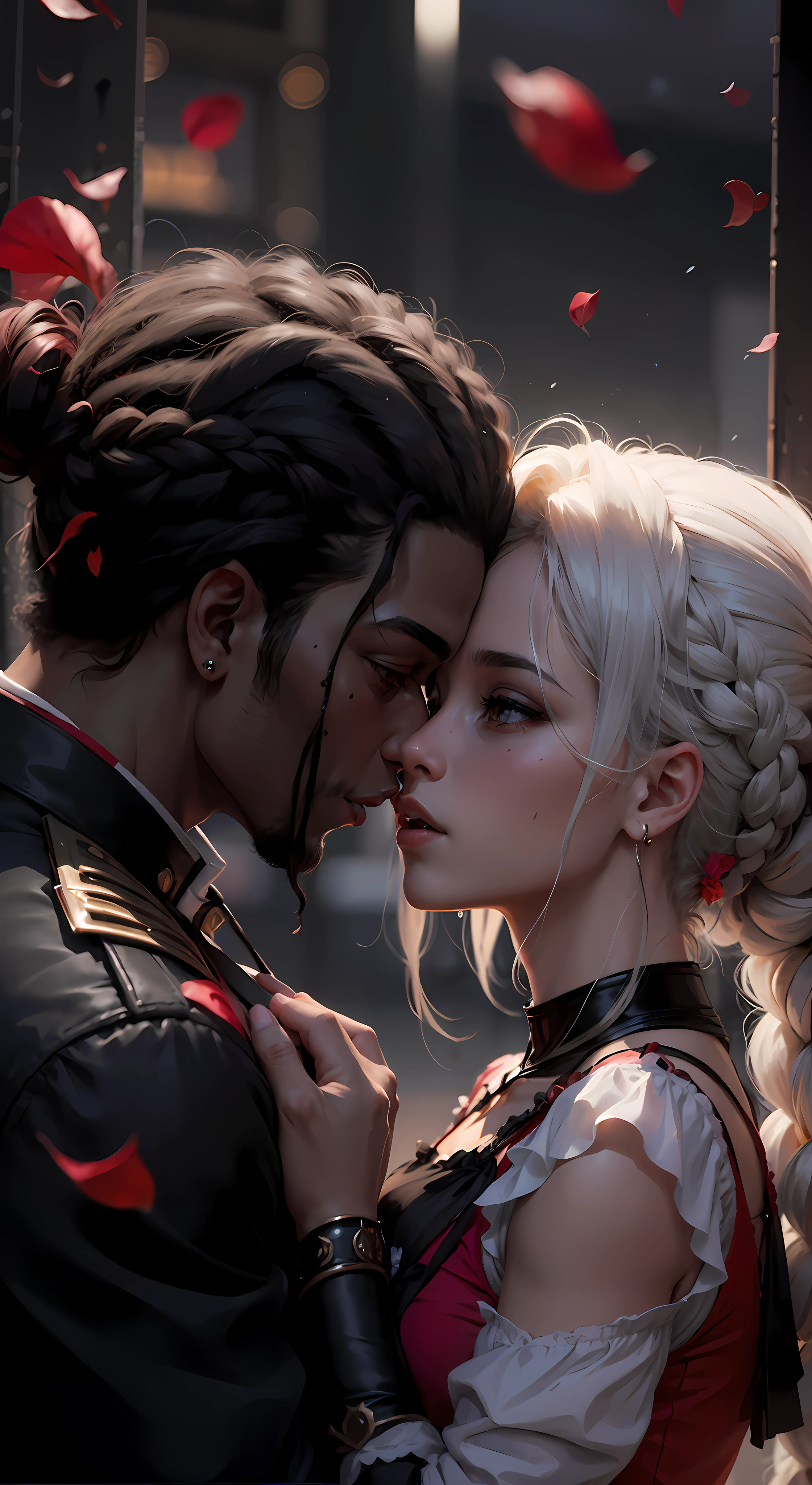 ```
prix: Descreva uma cena de anime em que uma mulher de pele escura (portanto) e cabelo como o da Senna de "braided bun" is kissing with a dark-skinned man (portanto) com dreads compridos, and her hair is tied back.
Background Story: background is white, and from heaven, It rains red rose petals and also drops of blood, creating an intense and romantic atmosphere.
Detalhes da mulher:
- Dark skin and hair braided into a high bun "braided bun" similar ao da Senna do League of Legends.
- His eyes are expressive, transmitting tenderness and passion.
- Ela usa brincos elegantes e um colar delicado.
Detalhes do Homem:
- Pele escura e dreadlocks longos, tied in a casual ponytail behind.
- His gaze is intense and passionate.
- He wears hoop earrings and has an affectionate expression.
Position of the Characters:
- They're Standing, holding each other's hands, aproximando-se para o beijo.
- The woman has a hand gently resting on the man's face, while he has his other hand on her waist.
- Both are slightly tilted forward, olhando profundamente nos olhos um do outro antes do beijo.
The scene is full of emotion, showing an intimate and love-laden moment between these two characters, even against the backdrop of rose petals and drops of blood, that symbolize an intense and passionate relationship.
```