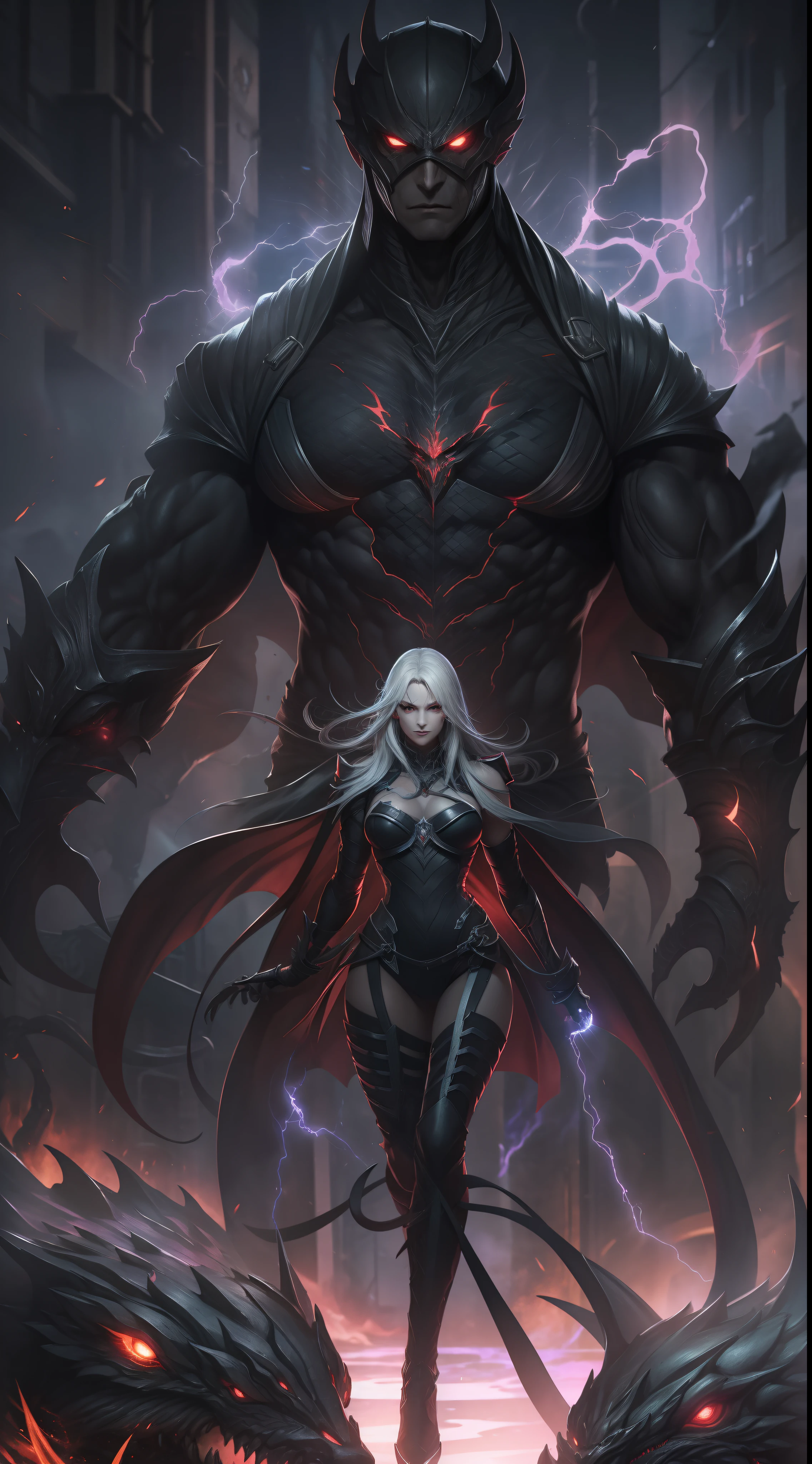 poster for,3D立体,realisticlying,Hellbringers,Whole body diagram(closeup cleavage)。A female demon,Messenger from hell,The whole body is covered with black scales,Scale flash Black light,The expression is hideous,Holding a long whip(Long whip surrounded by black lightning)。A pair of wings grow on the back,A pair of corners above the head flash of dark red light,Perfect body Maintain a fighting posture at all times(on focus,8K),Around the characters, purple lightning rushes straight to the earth,The background is a sea of magma fire(A sense of tension in the atmosphere)!