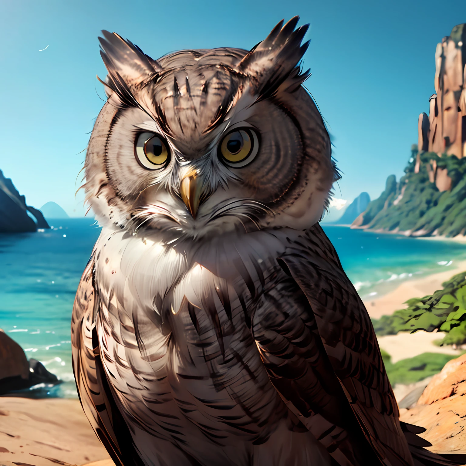 master part, best quality, Wise owl, uma coruja sentada em uma pedra, animal fofo, olhos perfeitos, eyeglass, parte superior do corpo, penas cor marrom claro, sky background, floresta, Montanhas, brazi, florescer, extremamente detalhado, Cinematic lighting, (8k, hiper detalhado), global ilumination, (filmic grain:0.9), fofo, best quality, DSLR, 24 Megapixels, quadro completo, Intense angle, master part, papel de parede retrato,