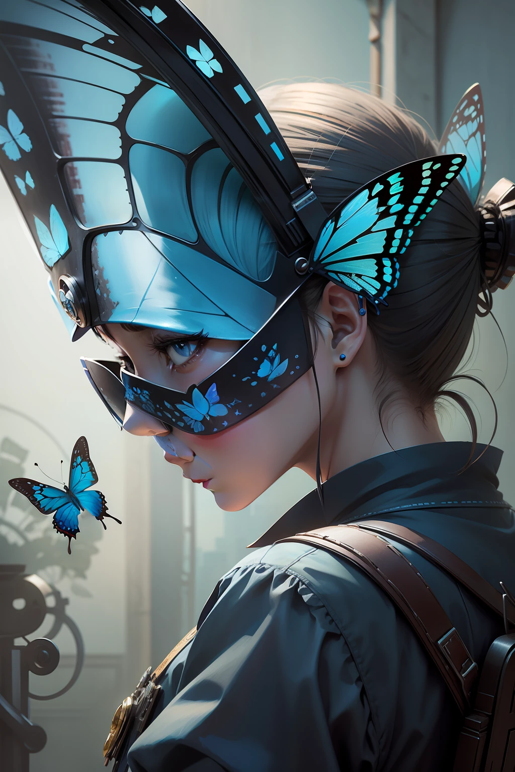 realisticlying，Mechanical blue butterfly，Love dead style architecture，Character medium view，Chinese-style clothing