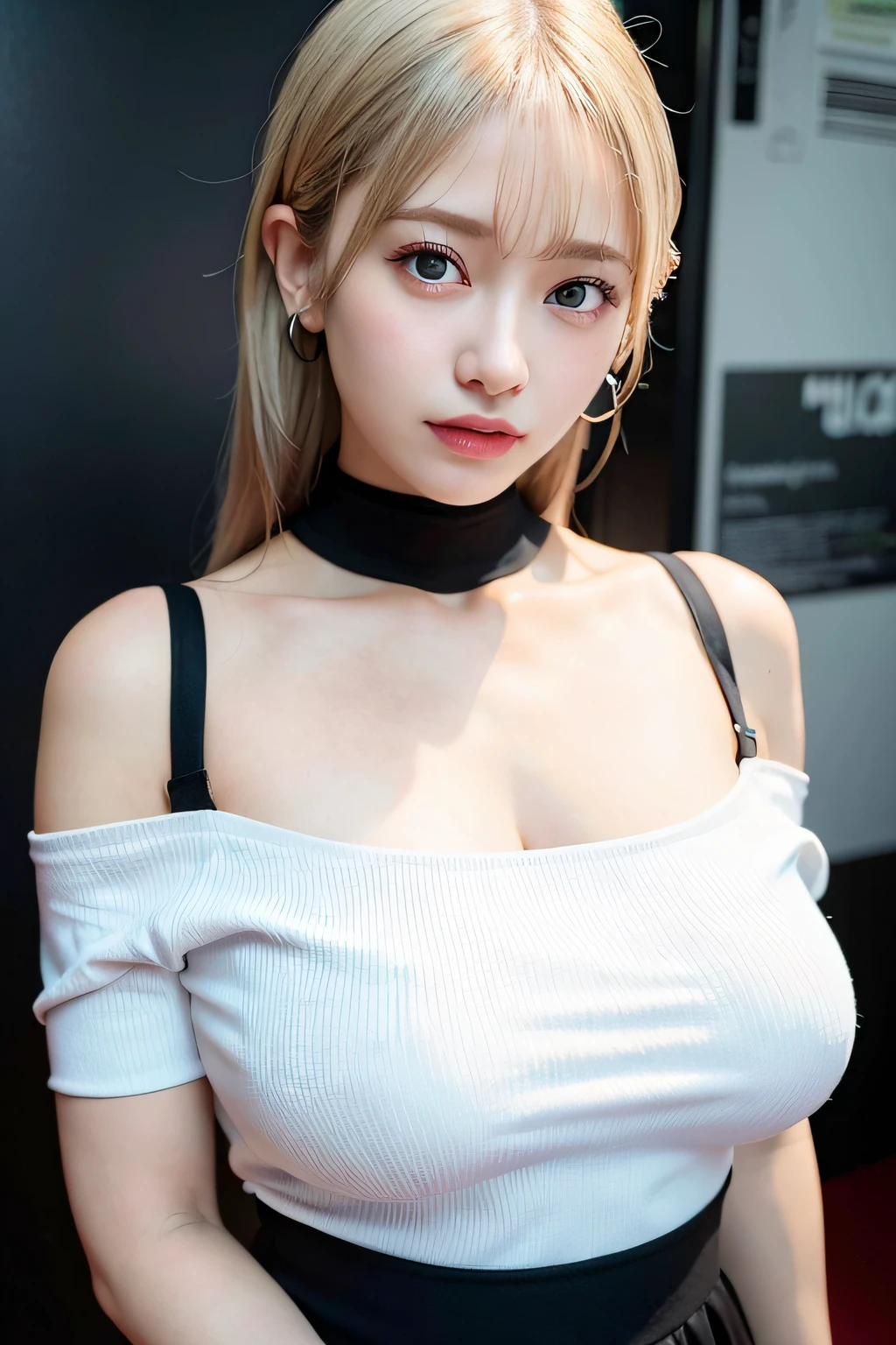 best quality, ultra high res, (photorealistic:1.4), 1girl, off-shoulder white shirt, black tight skirt, black choker, (faded ash gray hair:1), (huge breasts:1.2), looking at viewer, closeup ,