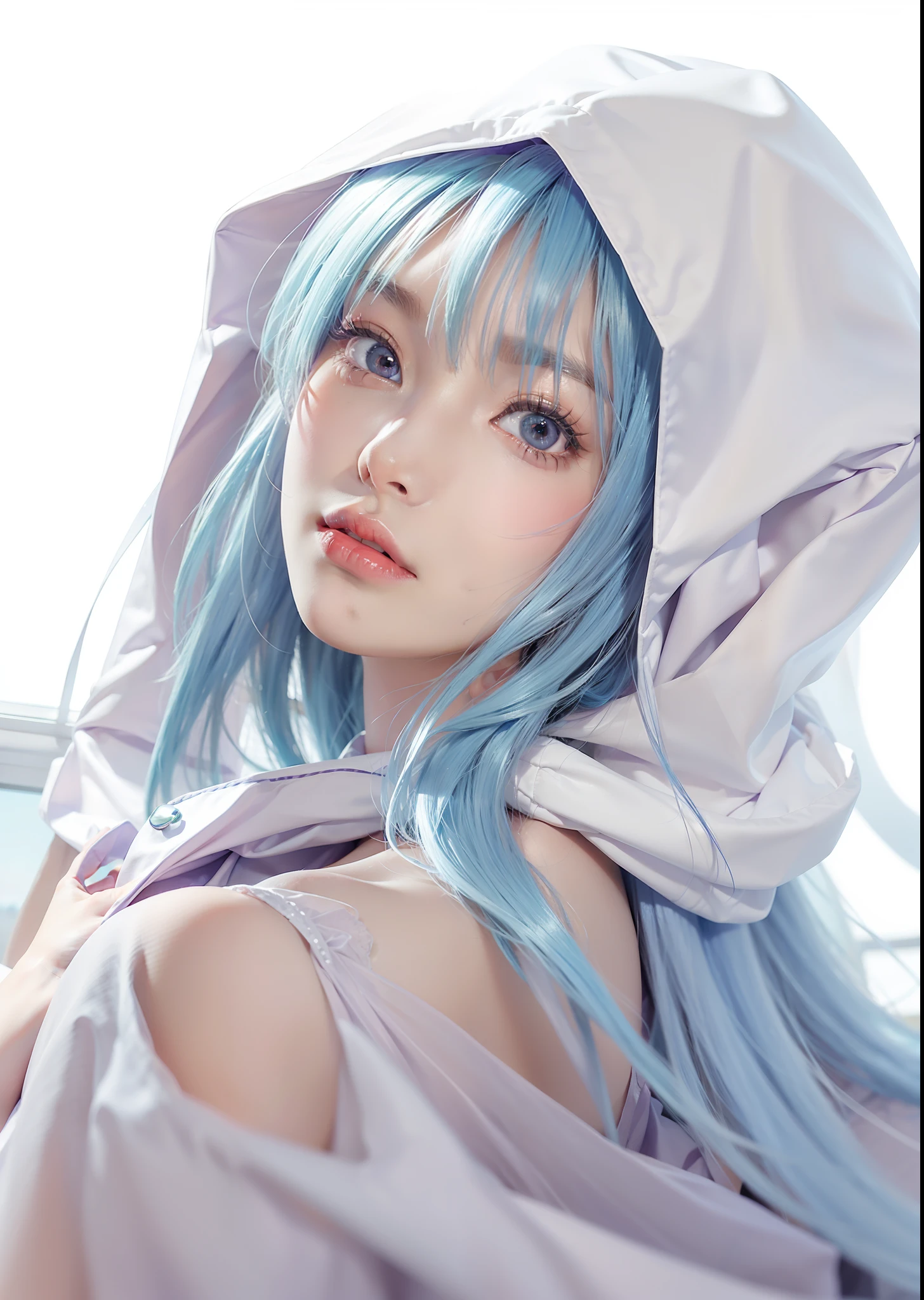 Masterpiece, 1 beautiful girl, detailed eyes, swollen eyes, top quality, super high res, (Reality: 1.4), cinematic lighting, Japanese, Asian beauty, Korean, very beautiful, beautiful skin, slender, body facing forward, (super realistic), (high res), (8K), (very detailed), ( Best Illustration), (beautifully detailed eyes), (super detailed), (wallpaper), detailed face, bright lighting, professional lighting, looking at viewer, facing straight ahead, neat clothes, short hair, blue hair, pureerosfaceace_v1, 46 point slanted bangs, hotel room with morning sun in the background, window The background is a hotel room with the morning sun shining through the window, a clear ocean outside, and an angle from the waist up, purple eyes