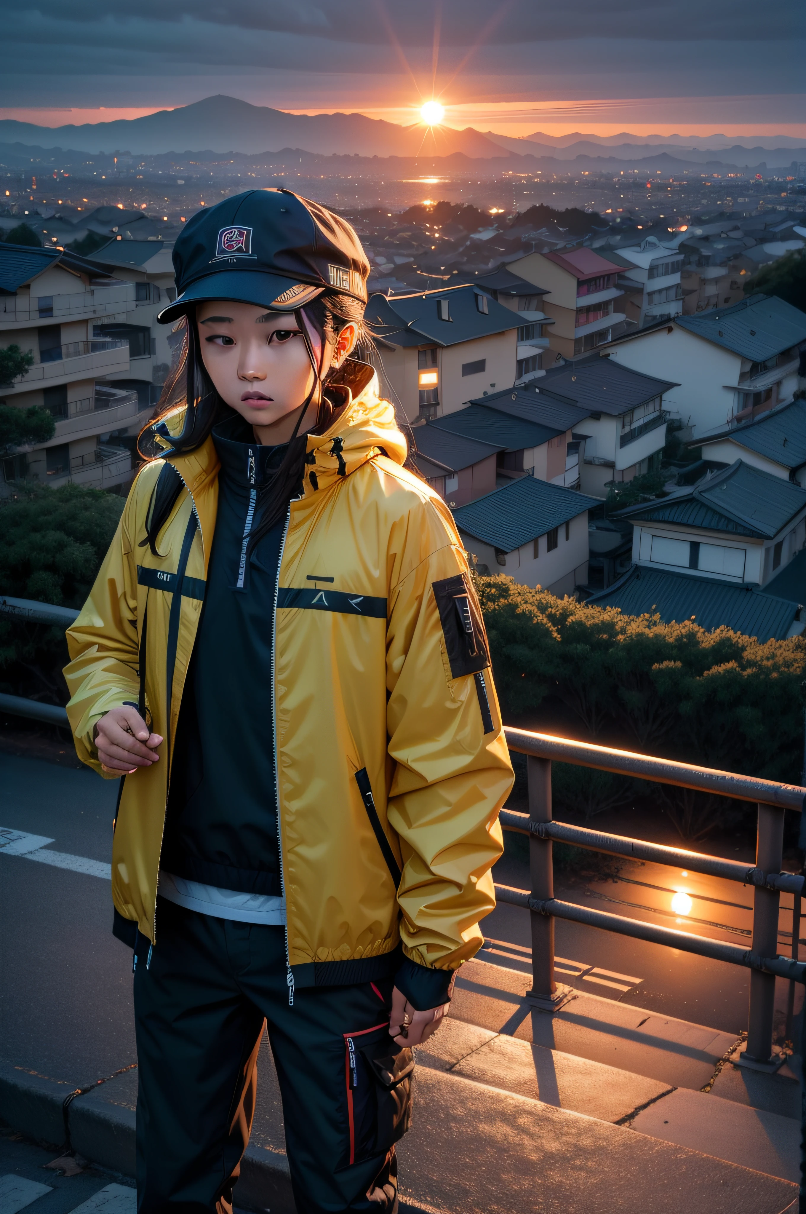 8K,super-fine,hilltop,城市,Half night,the setting sun,,Storm jacket,Kizi,cap,Side Body
