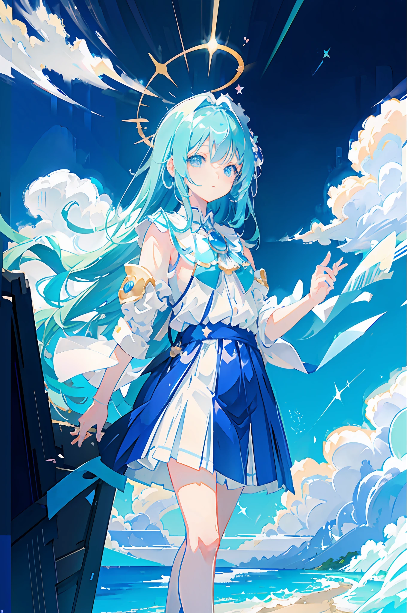Blue and white double-haired anime girl, In the blue sky, anime wallpaper, 8K, high definition detail, number art, Pop style, light novel front cover, Detailed animation style, pixiv contest winner, pixiv daily ranking,magical little girl,nipple play,delicated,starlights,Tidal。