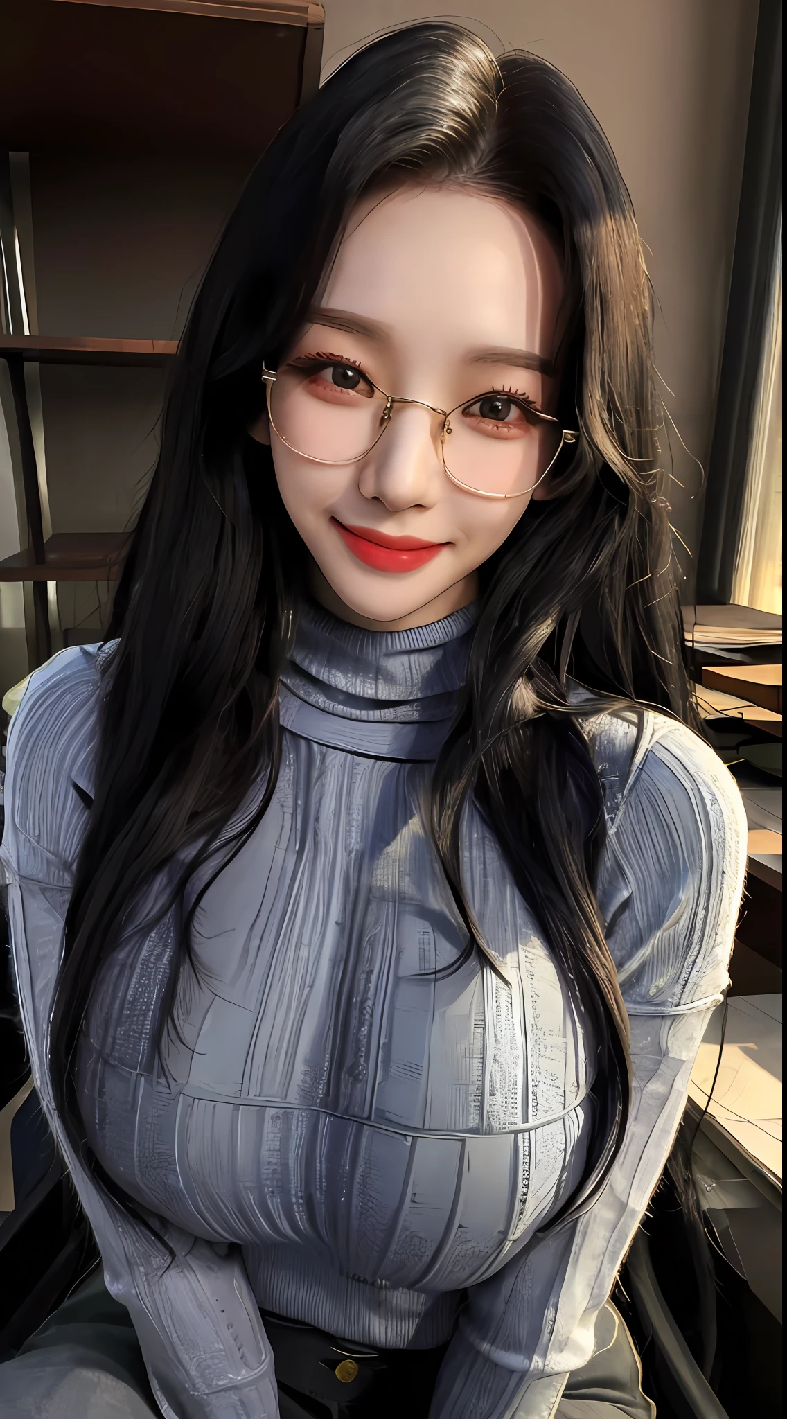 masterpiece, best quality, detailed face, detailed eyes, HULisa, black hair, glasses, open breast ribbed sweater, turtleneck, smile, nervous, indoors, office, school, mature female, 1girl, gigantic boobs