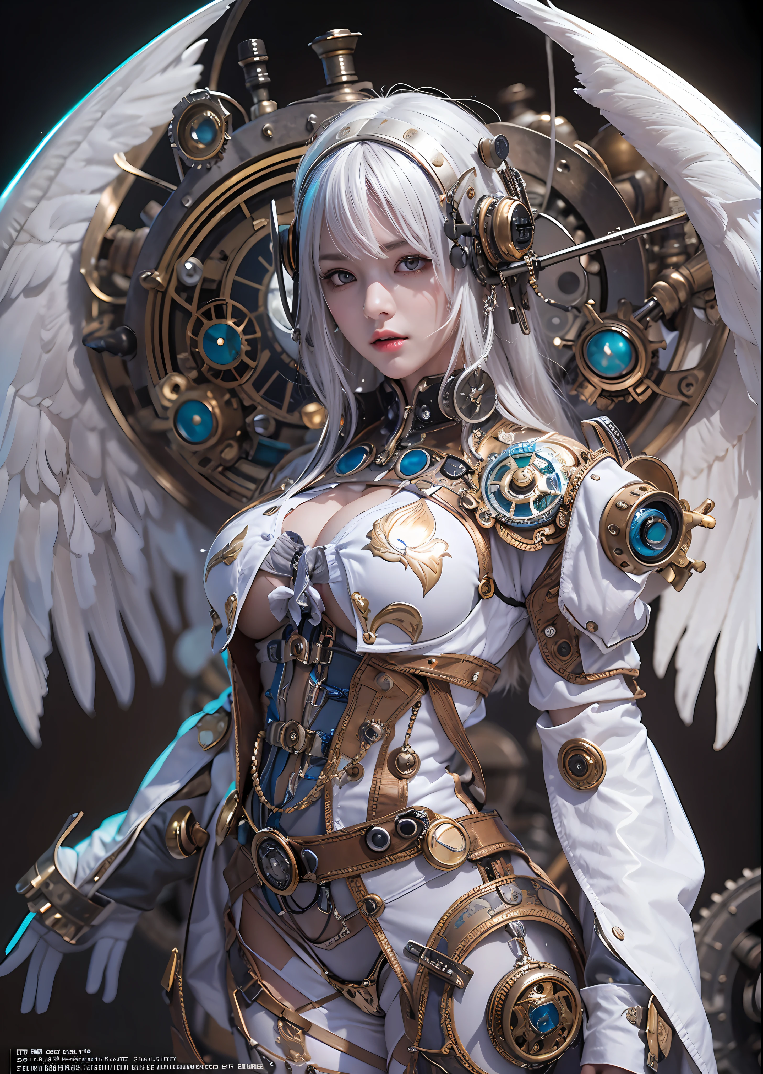 top-quality、​masterpiece、超A high resolution、(Photorealsitic:1.4)、Raw photo、Steampunk Battle Powered Suit Angel、large wings made of metal、White porcelain body、Acrylic Clear Cover、white  hair、glowy skin、1 Steampunk Powered Suit Girl、((super realistic details))、portlate、globalillumination、Shadow、octan render、8K、ultrasharp、character edge light,Colossal tits、Raw skin is exposed in cleavage、Details of complex ornaments、Details of the steam engine、Hydraulic cylinder、Small LED lamp、highly intricate detail、Realistic light、a purple eye、radiant eyes、Facing the camera、neon details、cowboy  shot、Futuristic headgear、About steampunk、、