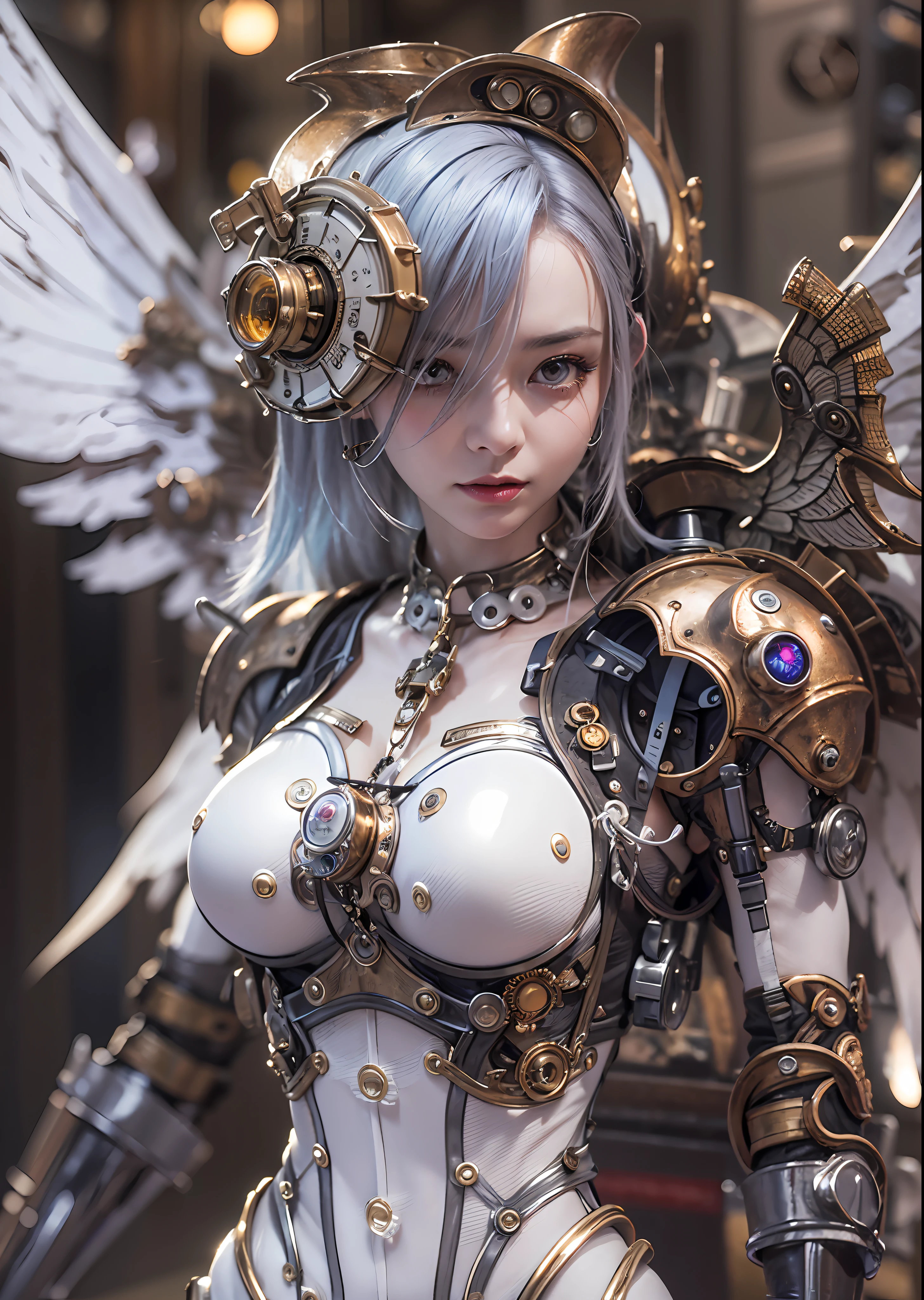 top-quality、masterpiece、超A high resolution、(Photorealsitic:1.4)、Raw photo、Steampunk Battle Powered Suit Angel、large wings made of metal、White porcelain body、Acrylic Clear Cover、white hair、glowy skin、1 Steampunk Powered Suit Girl、((super realistic details))、portlate、globalillumination、Shadow、octan render、8K、ultrasharp、character edge light,Colossal tits、Raw skin is exposed in cleavage、Details of complex ornaments、Details of the steam engine、Hydraulic cylinder、Small LED lamp、highly intricate detail、Realistic light、a purple eye、radiant eyes、Facing the camera、neon details、cowboy shot、Futuristic headgear、About steampunk、、