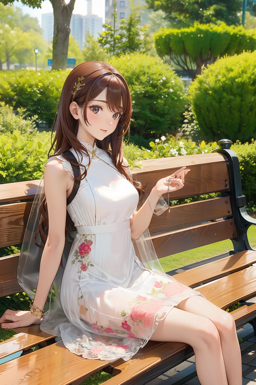 A brown-haired,long leges,Openwork floral dress,sitting on park bench,Side Body,tmasterpiece,Need