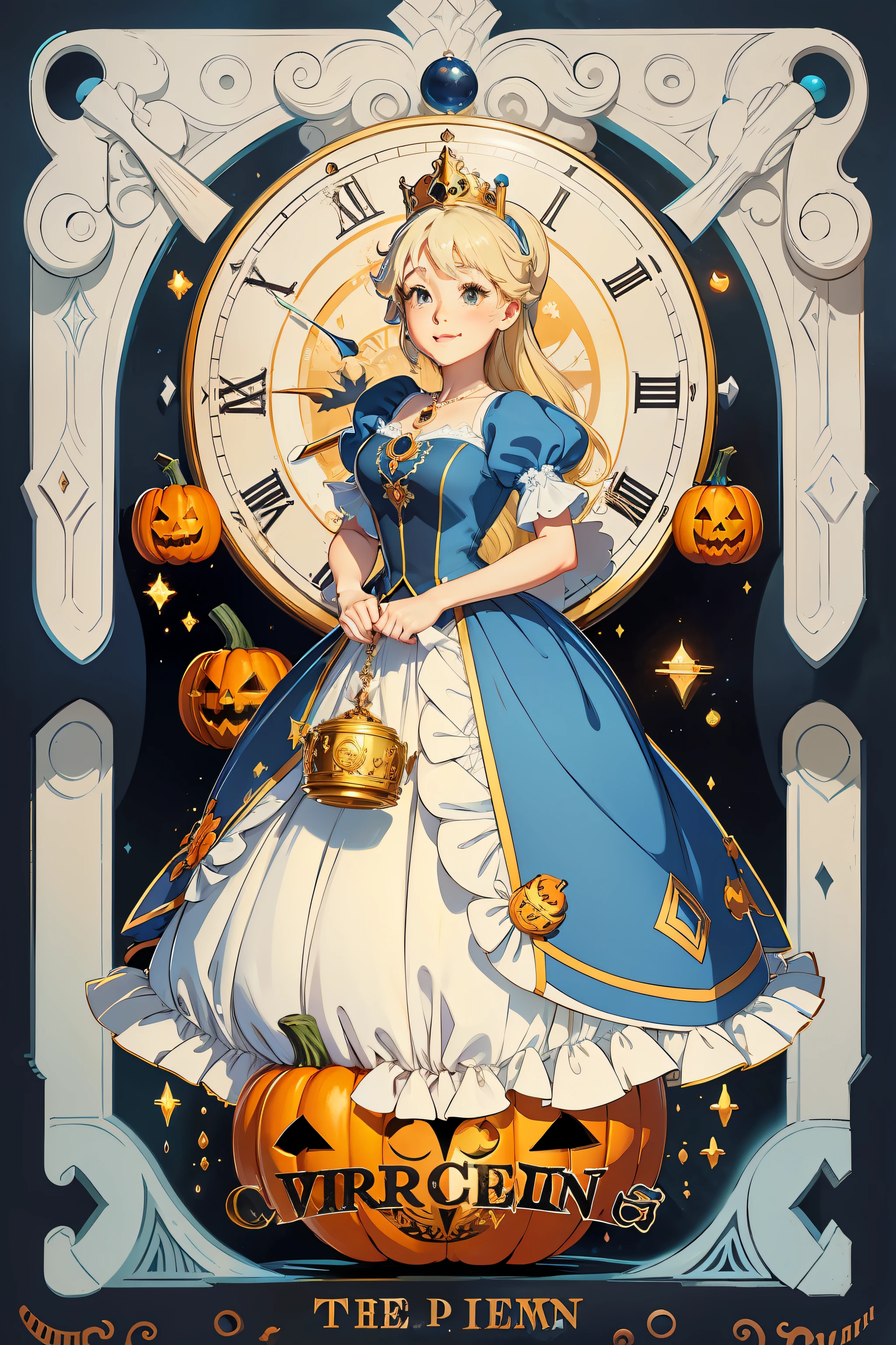 Cinderella points to 12 midnight in front of the broken pumpkin clock,Princess ceremony,ssmile,art in the style of disney, Disney 2D Traditional Animation High quality painting,Three-dimensional drawing,