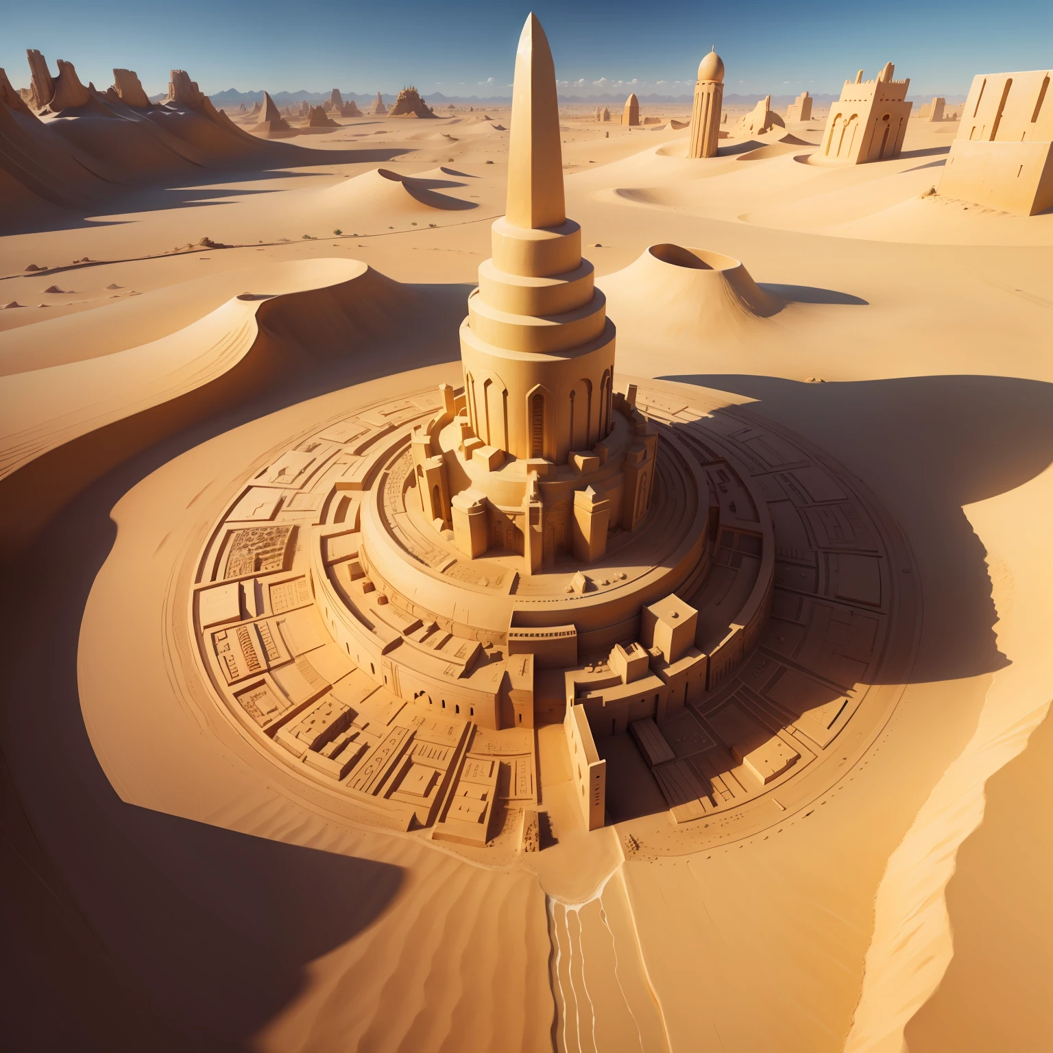 A desert，An ancient sand city A golden giant stands in the center of the city