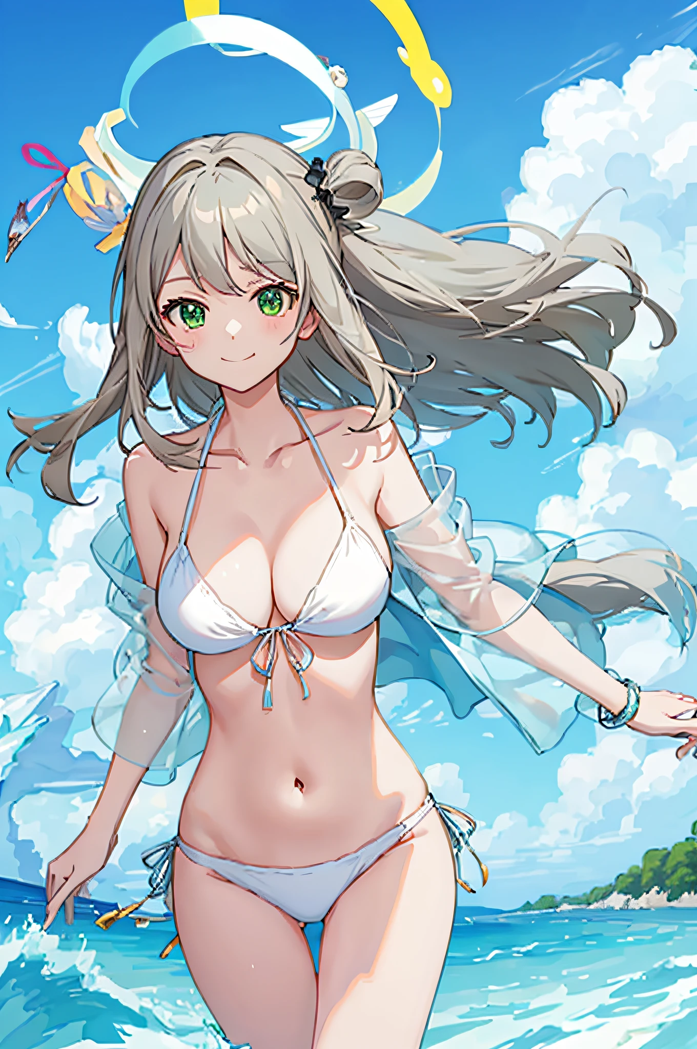 Anime girl in white bikini裤子低一点