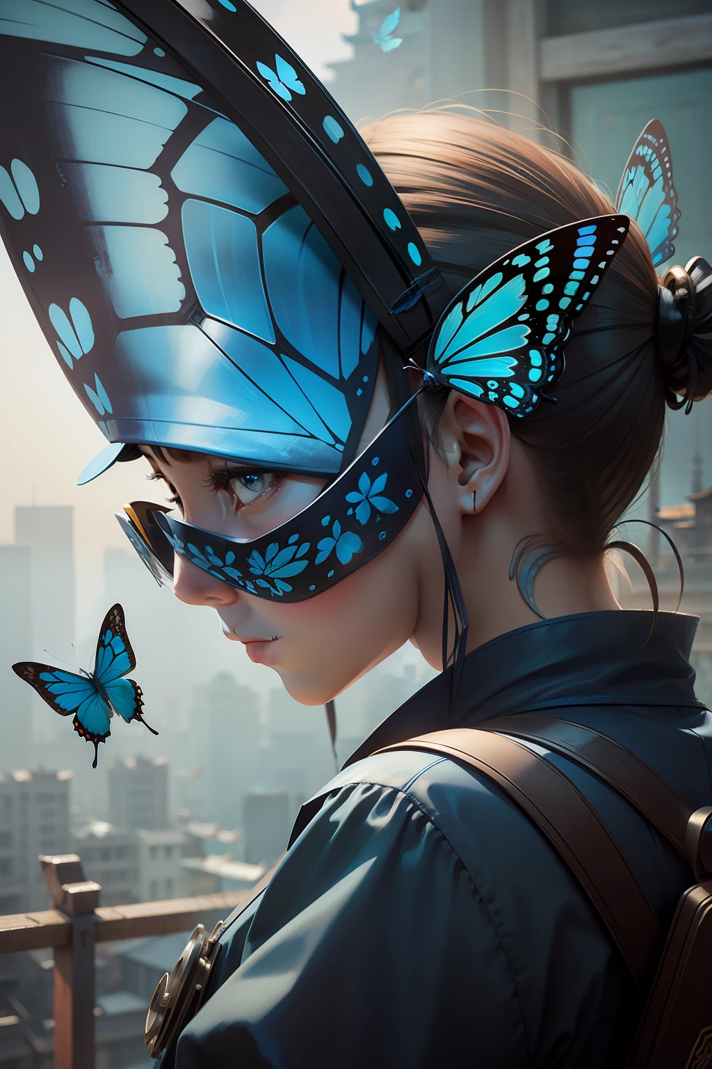 realisticlying,Mechanical blue butterfly,Chinese style architecture in background