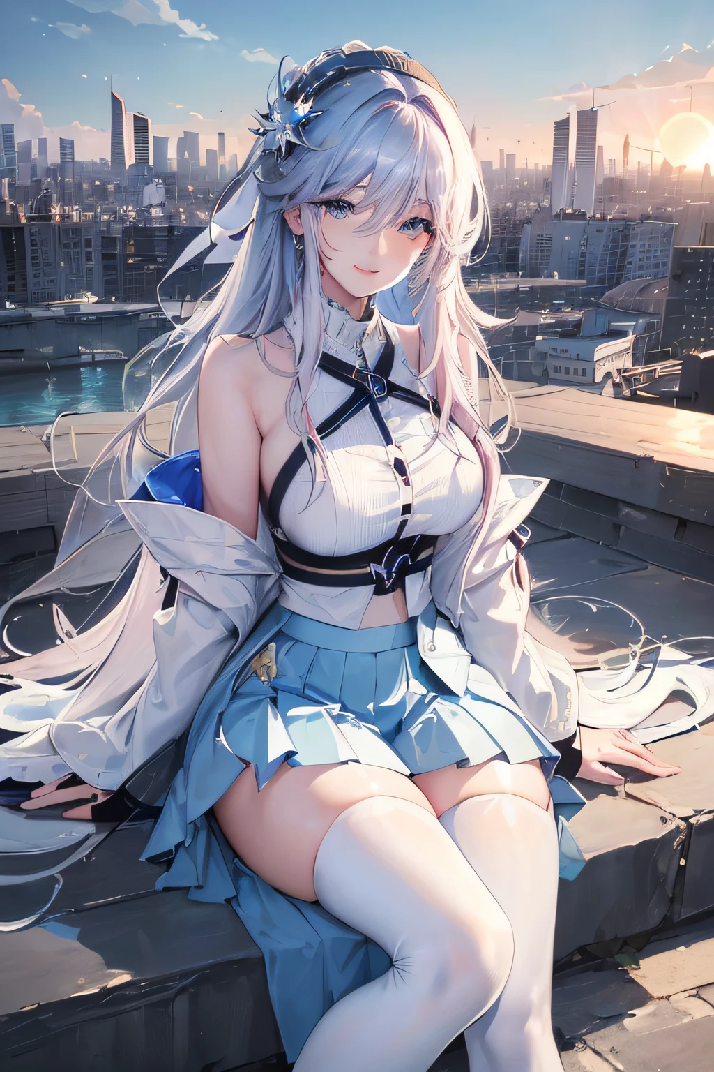 official art, masterpiece, sharp focus, (beautiful gorgeous cute Korean woman:1.3), (beautiful cute korean:1.3), korean beauty, Delicate and beautiful hair and eyes and face, realistic, ultra detailed, beautiful girl, blue sky, glow white particle, (sidelighting:1.2), sun light, white cloud, detailed clouds, slender, Lovely very large breasts and very large hips, smile with teeth, ((smile with eyes, open both eyes)), scenery, long straight hair, sexy facial expression, building, (cityscape:1.7), dynamic hair, long straight hair, detailed platinum pink hair, glow blue eyes, (blue pleated shirts + white skirt), white long socks, pale skin, hair ornament, epic scenery,