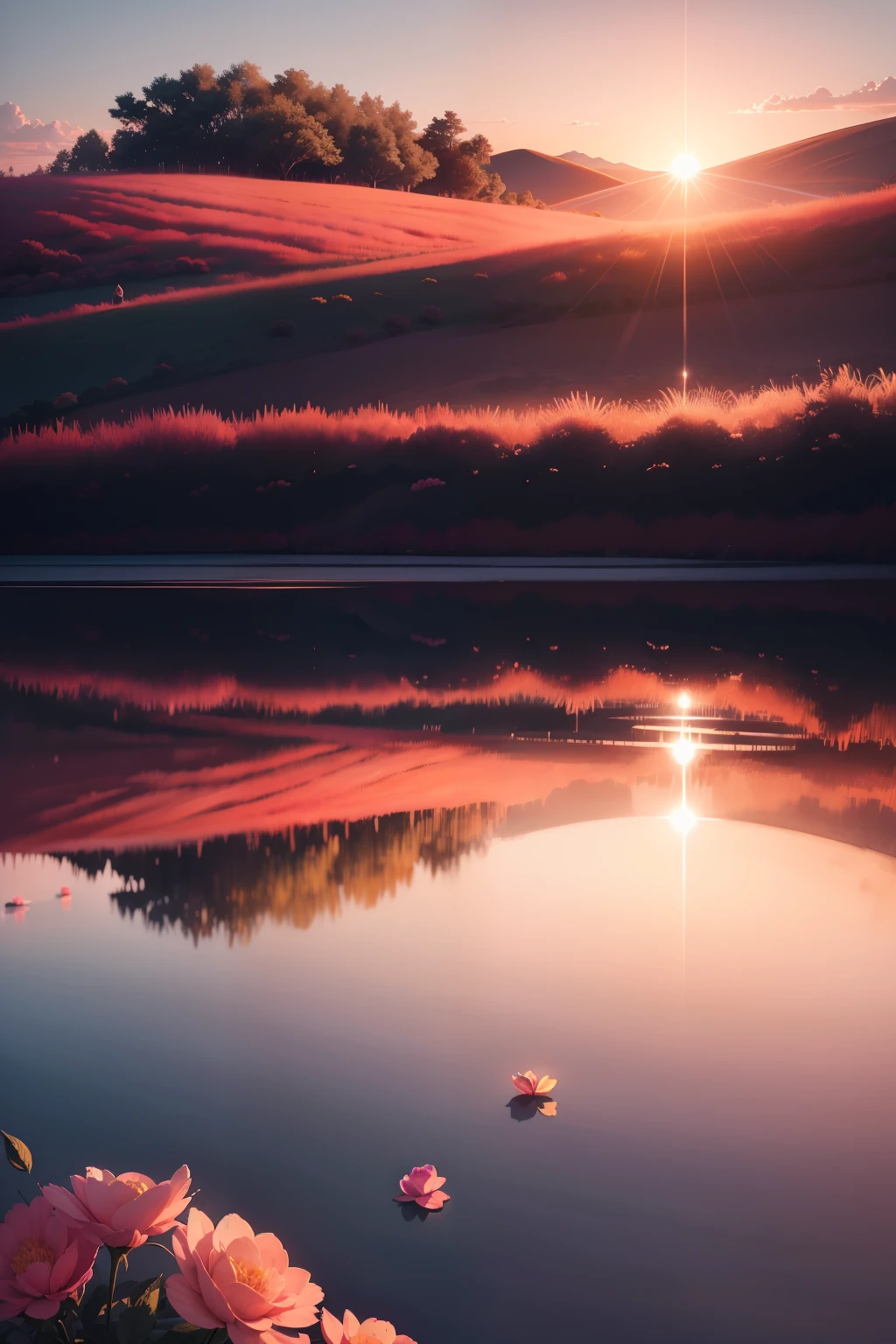 Uma paisagem de um lindo campo de rosas, retrato detalhado, complexidade intrincada, rule of thirds, sun sunset, tinta escura, luminescente, Artistic Station, arte conceitual, Arte Nova, Ilustrativos, Smooth and sharp focus Highly detailed, maximalista e realista.