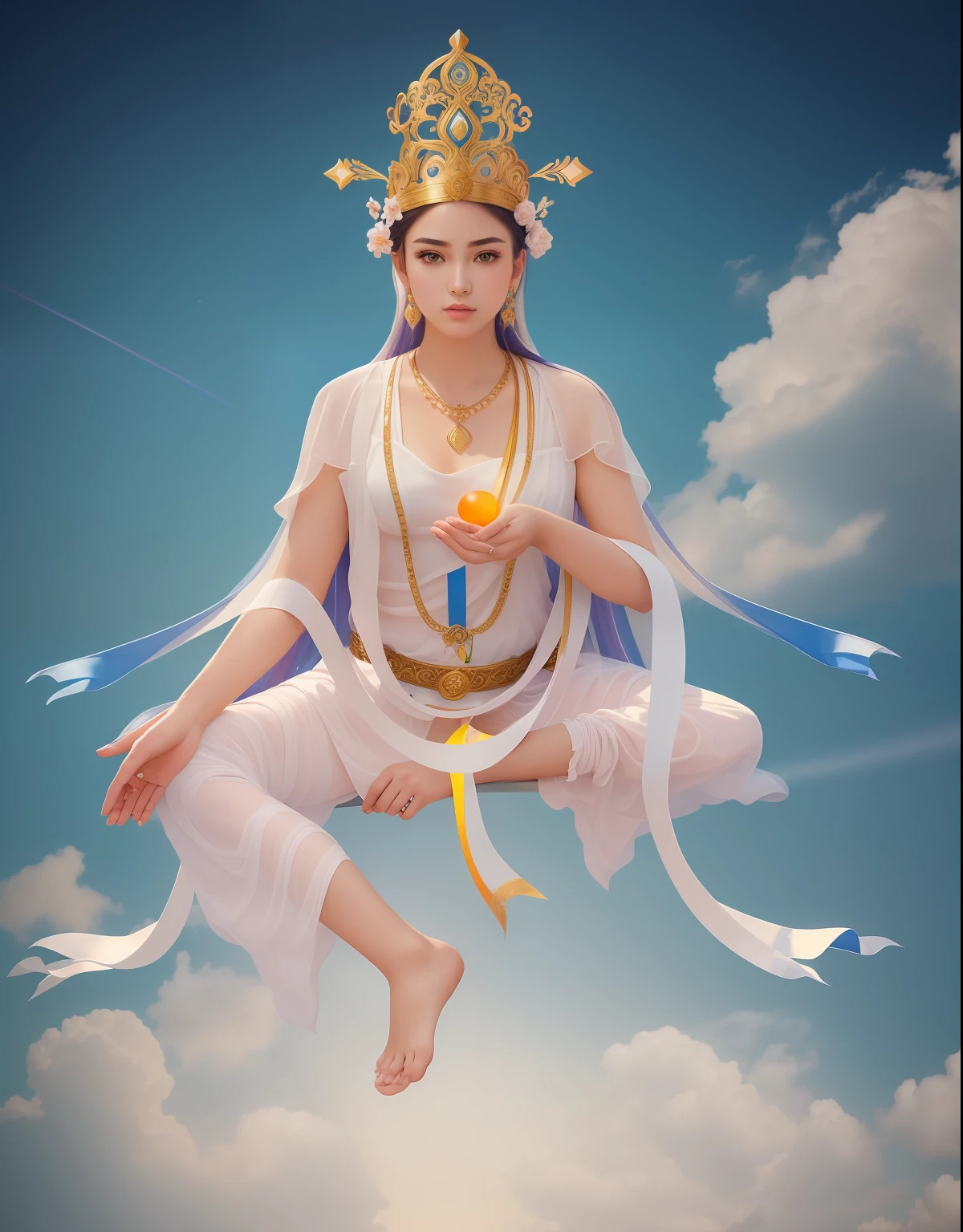 There is a beautiful goddess in the void,Young teenage girl,long eyebrow,Beautiful eyes sparkle,二重まぶた,Plump and rosy lips,The lower jaw is rounded,Fair skin is delicate and smooth,Radiant skin,A delicate and ornate crown,inlaid gemstones,choker necklace,Yingluo,Fair and delicate skin,bangle,ankle bracelets,Sit on the platform,(Hold the sphere with one hand),(Extend the other hand five fingers from the palm of your hand),white skinned,(Correct body structure),White soft tulle garment,Blue silk dress,Streamers,Blue sky,flowing clouds,fresh flowers,(nice hand),(Good feet),(good legs),realisticlying,white skinned,no-bra,Streamers flutter in the wind,Kim In-ro belt,with blue sky and white clouds,Clean skies,Head background with round light,Behind him is a faint rainbow circle,Front lighting,No shadows on the face,Unreal space,ethereal world,dreamworld,tmasterpiece,4K,ultra-definition,professional photoshooting,