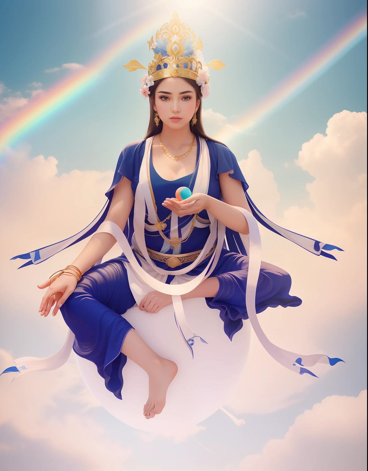 There is a beautiful goddess in the void,Young teenage girl,long eyebrow,Beautiful eyes sparkle,二重まぶた,Plump and rosy lips,The lower jaw is rounded,Fair skin is delicate and smooth,Radiant skin,A delicate and ornate crown,inlaid gemstones,choker necklace,Yingluo,Fair and delicate skin,bangle,ankle bracelets,Sit on the platform,(Hold the sphere with one hand),(Extend the other hand five fingers from the palm of your hand),white skinned,(Correct body structure),White soft tulle garment,Blue silk dress,Streamers,Blue sky,flowing clouds,fresh flowers,(nice hand),(Good feet),(good legs),realisticlying,white skinned,no-bra,Streamers flutter in the wind,Kim In-ro belt,with blue sky and white clouds,Clean skies,Head background with round light,Behind him is a faint rainbow circle,Front lighting,No shadows on the face,Unreal space,ethereal world,dreamworld,tmasterpiece,4K,ultra-definition,professional photoshooting,