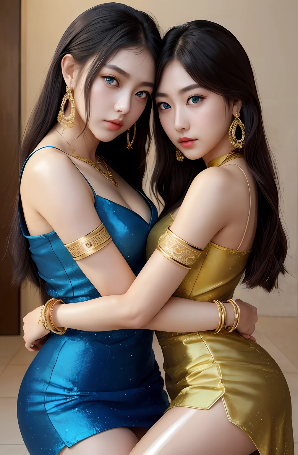 2girls,duo,8K Raw photograph,超高分辨率, filmgrain, filmg,view the viewer, Natural skin texture,Realistic eye and face details,((Realistic:1.5)),Ulzzang-6500:1.4,((Best quality)), ((Masterpiece)),((Detailed)),{2 beautiful women}, (Upper body:1.3),Hug and touch each other, Tease your friend's waist, Breathless friends, Biting a friend's earlobe, crouched,super wide shot,Face focus, Long legs,Curvy, Barefoot,Wide hips, Thin legs, Oversized eyes,Long eyelashes, (Detailed face,beautidful eyes, detailedpupils,detailed clothes features, Clear background:1.3), (armlets, bangle:1.3),bright detail,Sharp,Perfect compounding, Intricate, Sharp focus, Dramatic,