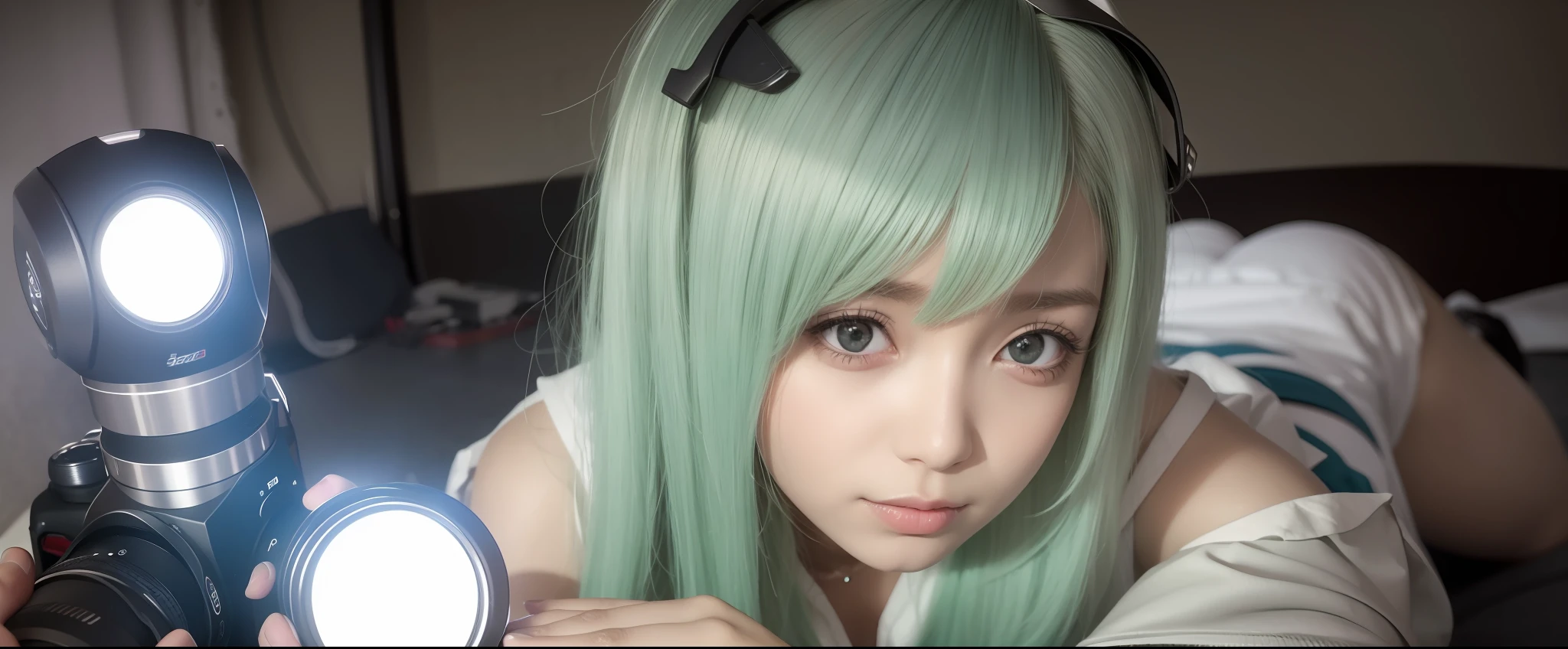 Kizi,exteriors,silber hair,green color,cinematric light,chase,natta,Flashlight