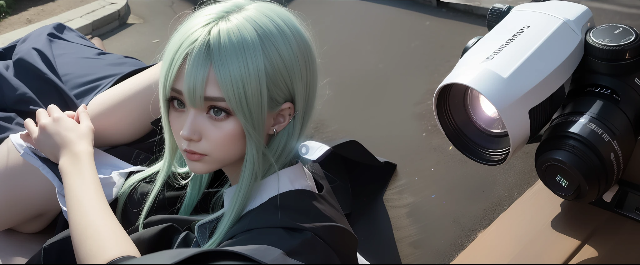 Kizi,exteriors,silber hair,green color,cinematric light,chase,natta,Flashlight