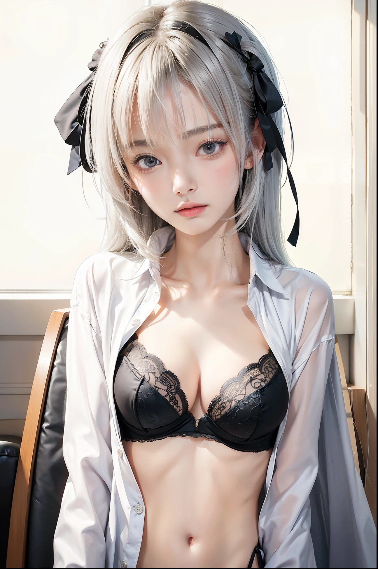 Masterpiece, 1 beautiful girl, detailed eyes, swollen eyes, top quality, super high res, (Reality: 1.4), cinematic lighting, Japanese, Asian beauty, Korean, very beautiful, beautiful skin, slender, body facing forward, (super realistic), (high res), (8K), (very detailed), ( Best Illustration), (beautifully detailed eyes), (super detailed), (wallpaper), detailed face, bright lighting, professional lighting, looking at viewer, facing straight ahead, neat clothes, short hair, white hair, pureerosfaceace_v1, 46 point slanted bangs, hotel room with morning sun in the background, window The background is a hotel room with the morning sun shining through the window, a clear ocean outside, and an angle from the waist up, black bra