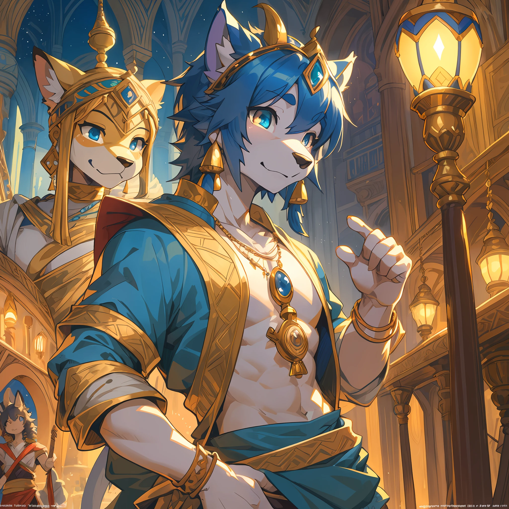 top quality, best quality, High-quality illustrations, masterpiece, super high resolution, detailed background, detailed background, Aladdin, The Arabian Nights' Entertainment, Sassanid, turkish lamp, 6+boys, 6+girls, absurdres(highly detailed beautiful face and eyes)perfect anatomy, expression, good lighting, cinematic shadow(kemono, furry anthro),