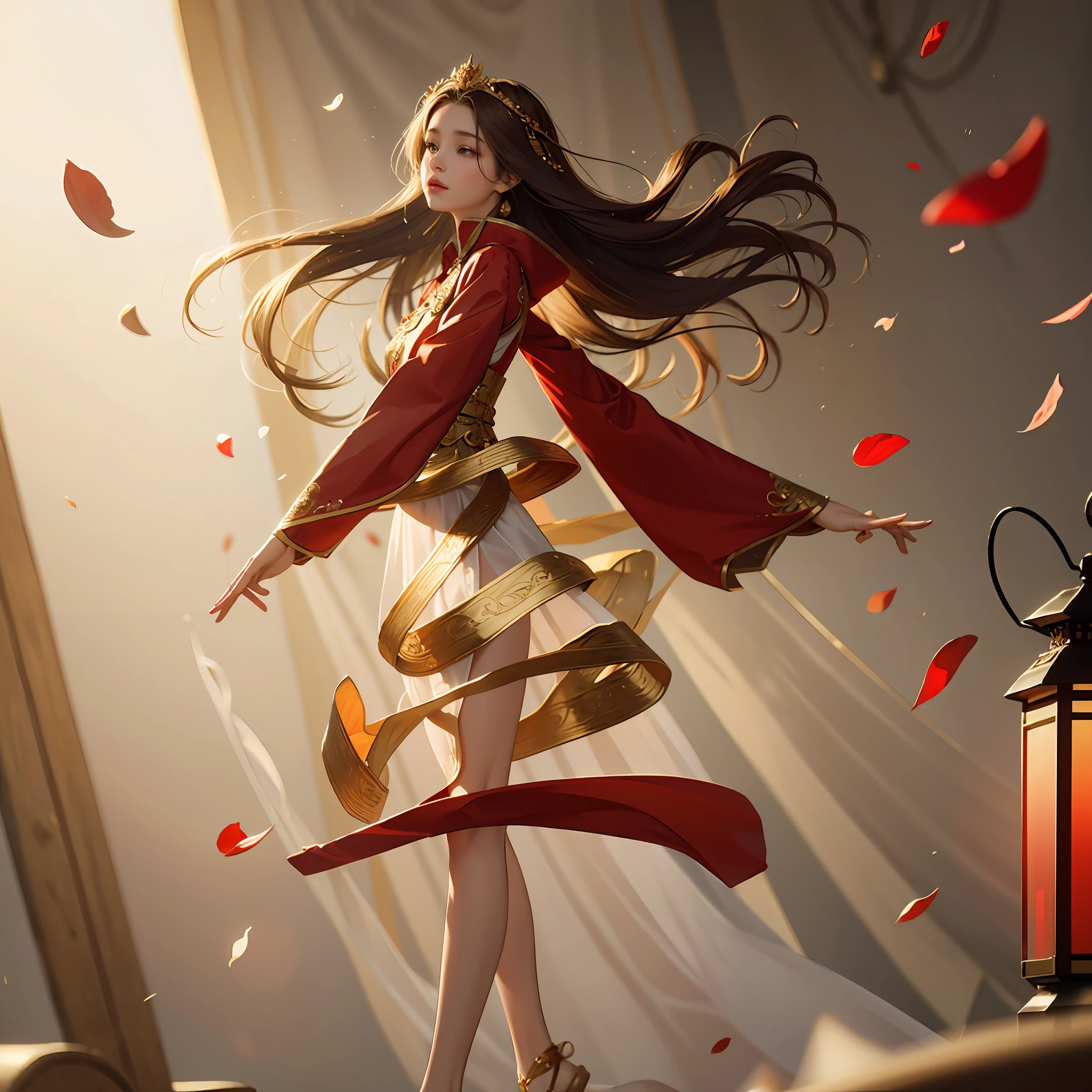 best quality, masterpiece, highres, (exquisite body:1.5),gorgeous face,(milky skin:1.3),intricate details,high resolution,wallpaper,
1girl, solo, dress, hair ornament, (((gold and red dress))), flowers, long hair, brown hair, closed mouth, jewelry, long sleeves, hand up, wide sleeves, big eyes,floating hair, chinese clothes, hanfu, embroidery, long skirt, natural pose, falling petals, indoor,fanning, lantern,
16K,HDR,highres,depth field,(film grain:1.1),boken,golden hour,(lens flare),vignette,rainbowing,(color grading:1.5)