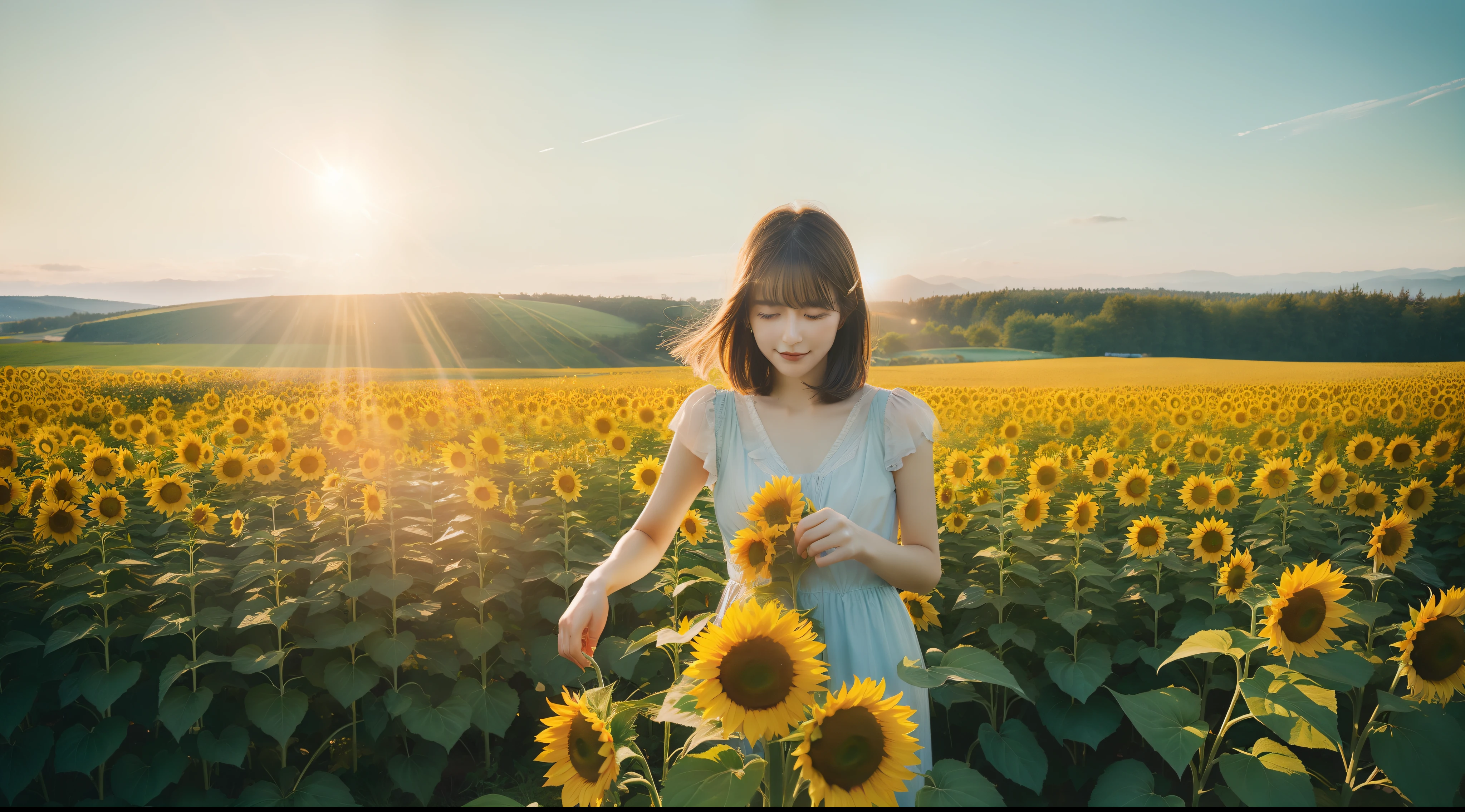 ((sharpnes))、ciinematic light、sunflowers fields、the colorful natural light