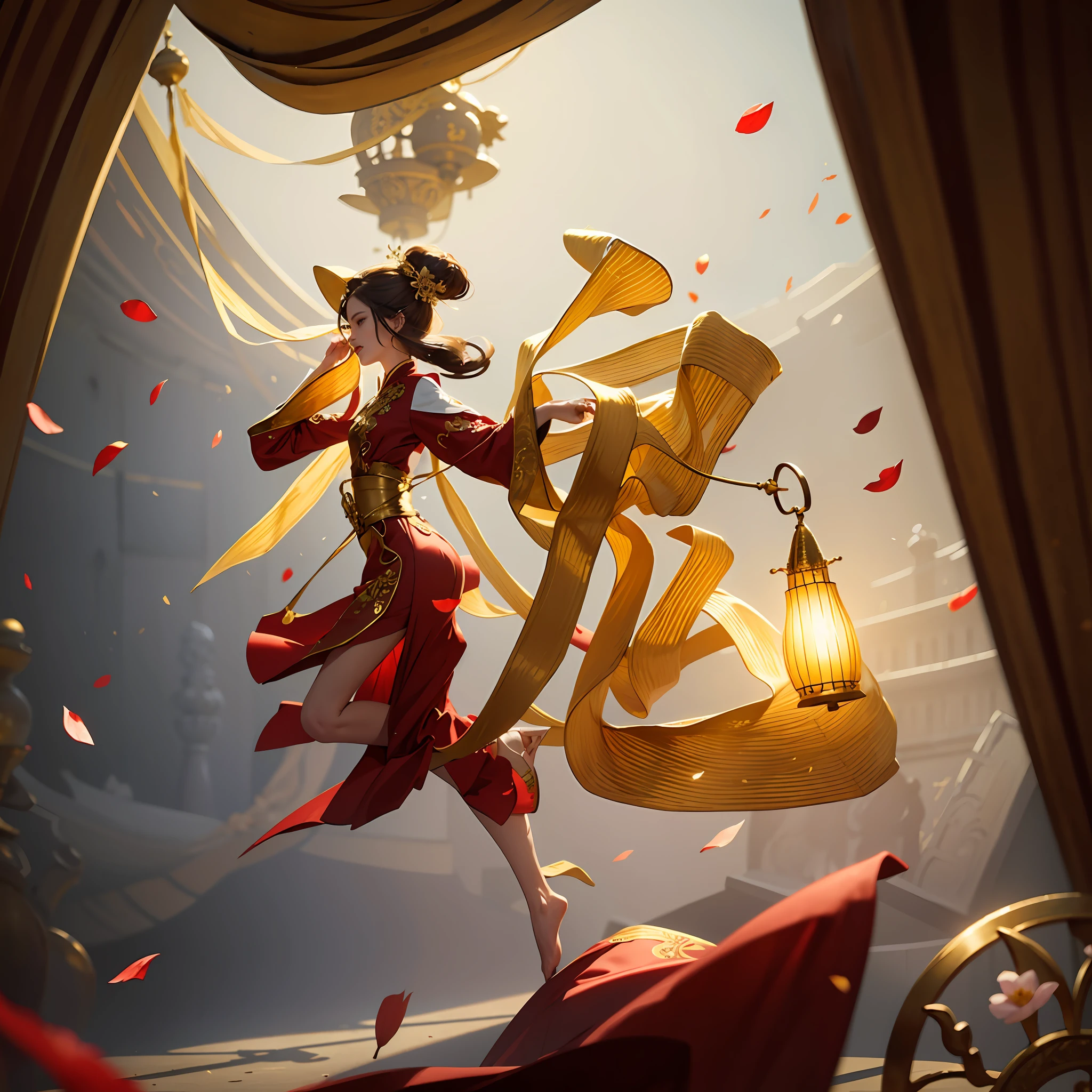 best quality, masterpiece, highres, (exquisite body:1.5),gorgeous face,(milky skin:1.3),intricate details,high resolution,wallpaper,
1girl, solo, dress, hair ornament, (((gold and red dress))), flowers, long hair, brown hair, closed mouth, jewelry, long sleeves, hand up, wide sleeves, big eyes,floating hair, chinese clothes, hanfu, embroidery, long skirt, natural pose, falling petals, indoor,fanning, lantern,
16K,HDR,highres,depth field,(film grain:1.1),boken,golden hour,(lens flare),vignette,rainbowing,(color grading:1.5)