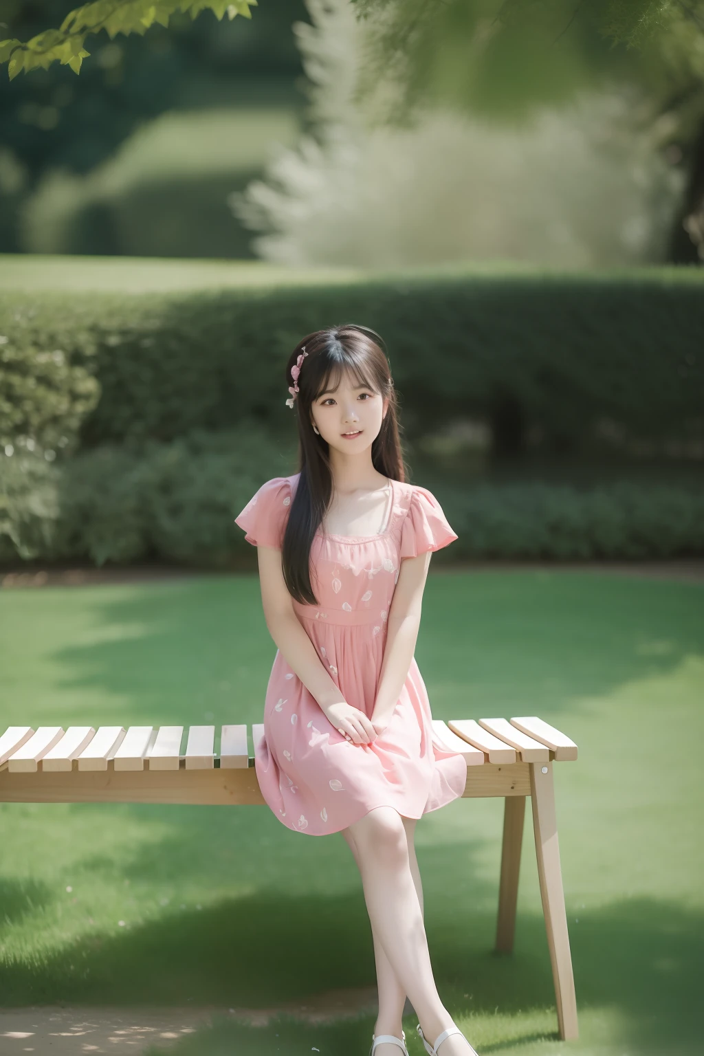 Alati sits on a bench planted with trees in the park, Wearing a pink dress, Wearing a pink dress, sitting on a bench, Sitting in the garden, Korean girl, On a sunny day, sitting on a bench, Beautiful young Korean woman, Sitting on a park bench, Pink dress, on the garden, wearing in a summer dress, Young Asian girl