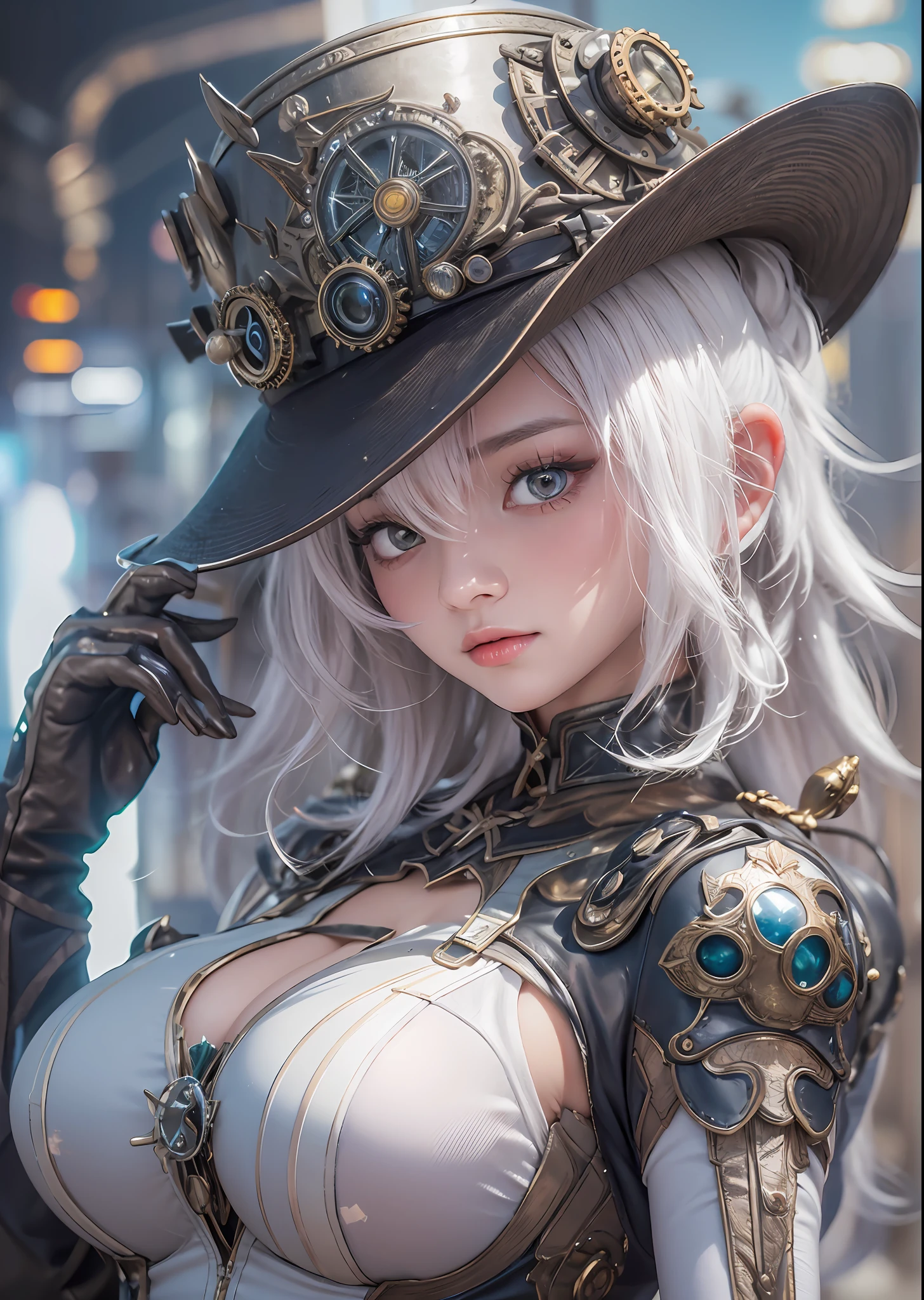 top-quality、​masterpiece、超A high resolution、(Photorealsitic:1.4)、Raw photo、Powered Suit Angel、large wings made of metal、White porcelain body、Acrylic Clear Cover、white  hair、glowy skin、1 Powered Suit Girl、((super realistic details))、portlate、globalillumination、Shadow、octan render、8K、ultrasharp、character edge light,Colossal tits、Raw skin is exposed in cleavage、Details of complex ornaments、Details of the steam engine、Hydraulic cylinder、Small LED lamp、highly intricate detail、Realistic light、a purple eye、radiant eyes、Facing the camera、neon details、cowboy  shot、Futuristic headgear、The background is a steampunk city、、