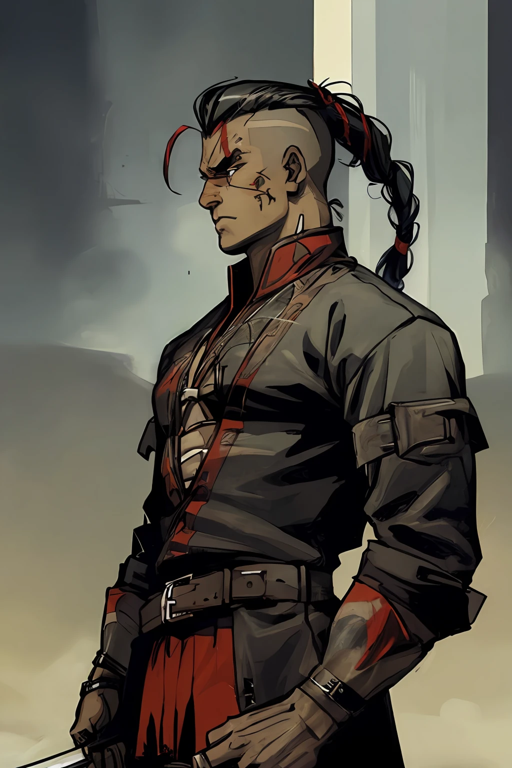 "A badass Native American young man wielding two tomahawks in a futuristic assassin gear, standing against an intense action-filled background with a touch of blood and showcasing his skills as a ruthless butcher assassin and scout. He also has a shaved sides of his head and a long braid. Best quality, (masterpiece), ( methurlant), comic, y2k animation, intricate detail, smooth,