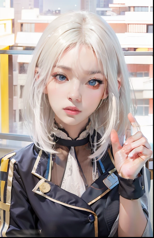 Masterpiece, 1 beautiful girl, detailed eyes, swollen eyes, top quality, super high res, (Reality: 1.4), cinematic lighting, Japanese, Asian beauty, Korean, very beautiful, beautiful skin, slender, body facing forward, (super realistic), (high res), (8K), (very detailed), ( Best Illustration), (beautifully detailed eyes), (super detailed), (wallpaper), detailed face, bright lighting, professional lighting, looking at viewer, facing straight ahead, neat clothes, short hair, white hair, pureerosfaceace_v1, 46 point slanted bangs, hotel room with morning sun in the background, window The background is a hotel room with the morning sun shining through the window, a clear ocean outside, and an angle from the waist up, Blue eyes