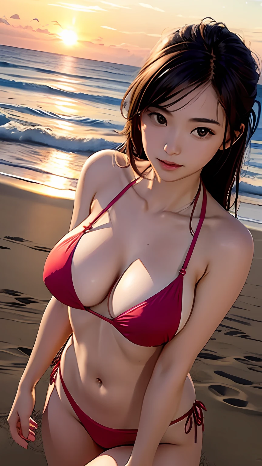 realisticlying，femele, 20 years old.Bikini Wearing，young breasts with upturned nipple tension,,,,,,,，Cleavage emphasis，Face Real，A sexy、Sunset on the coast
