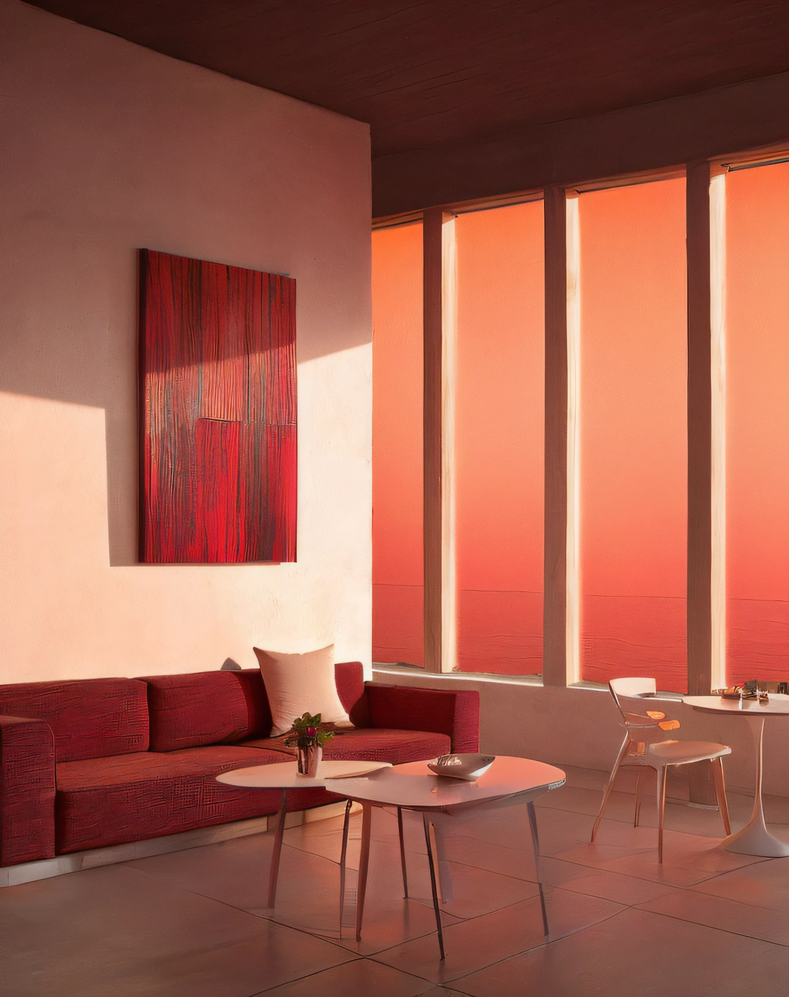 The room had a red sofa and a table, soft calm warm neon atmosphere, warm color scheme art rendition, soft red tone colors, Red atmosphere, Light red and orange mood, Light red and dark orange mood, looking out at a red ocean, warm interior, atmospheric red lighting, red tint, Infrared ambient light, extremely colorful，red tint, Atmospheric red effect