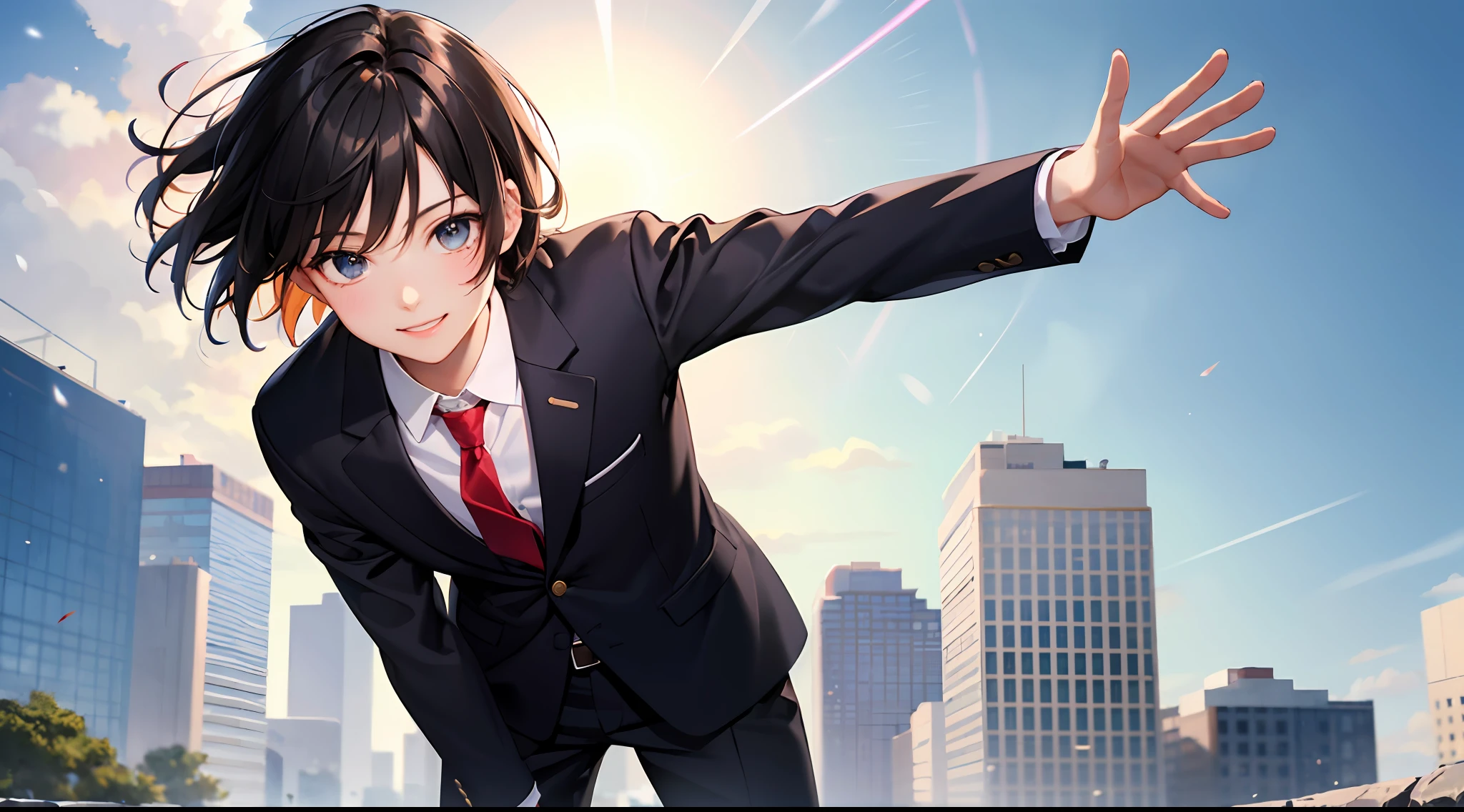 (masterpiece、top-quality)・(Masterpiece, top quality, super detailed CG, beautiful detailed eyes, super detailed, intricate details:1.2), 8k wallpapers, elaborate features,
(1 person, solo:1.4)perfect cartoon illustration,(1 person, solo:1.4)
(realistic textures:0.8), high res, cute, (vivid colors, dynamic lighting:1.0), (high contrast:0.8),
Young boy, high school boy, tall, smiling, waving, short hair, dark eyes, school uniform, black blazer (1.2), black slacks, white shirt (1.1), red tie, sun, dispersion of light, wind blowing