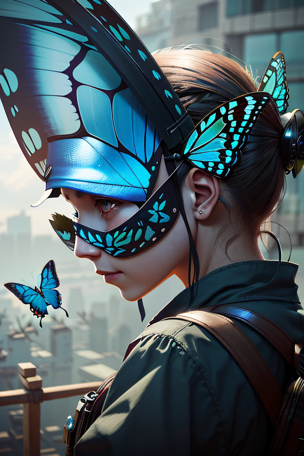 There is one wearing a butterfly mask，Woman with butterfly on her head, Beautiful digital artwork, stunning digital illustration, cgsociety 8k, cgsociety 8 k, cgsociety 8k, Fantasy art Behance, inspired by Marek Okon, trending on artstation 4k, wojtek fus, Ross Tran 8 K, [ trending on CGSociety ]!!