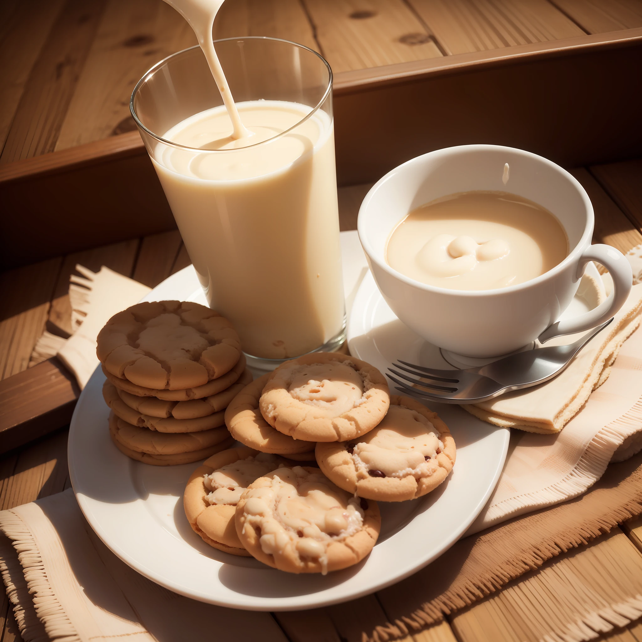 Un plato con diferentes tipos de galletas. Un vaso de leche caliente. Fotorrealista