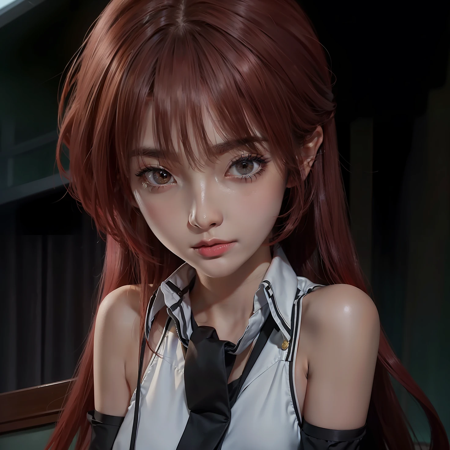 Masterpiece, 1 beautiful girl, detailed eyes, swollen eyes, top quality, super high res, (Reality: 1.4), cinematic lighting, Japanese, Asian beauty, Korean, very beautiful, beautiful skin, slender, body facing forward, (super realistic), (high res), (8K), (very detailed), ( Best Illustration), (beautifully detailed eyes), (super detailed), (wallpaper), detailed face, bright lighting, professional lighting, looking at viewer, facing straight ahead, neat clothes, short hair, red hair, pureerosfaceace_v1, 46 point slanted bangs, hotel room with morning sun in the background, window The background is a hotel room with the morning sun shining through the window, a clear ocean outside, and an angle from the waist up,