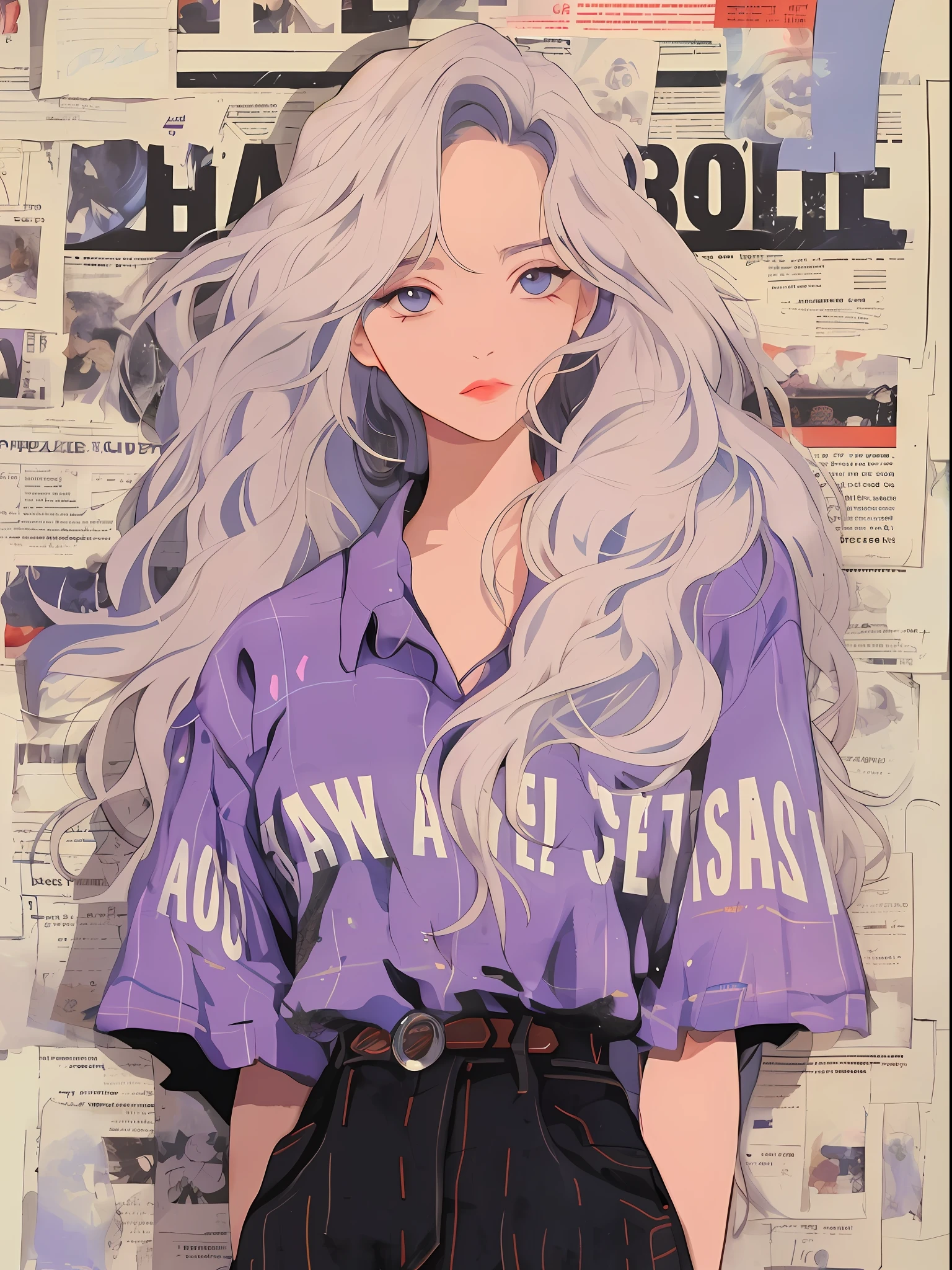 Anime girl with long white hair and blue eyes in front of the newspaper, Perfect white haired girl, animeaesthetic, white haired Cangcang, Retro anime girl, ilya kuvshinov with long hair, 9 0 s anime art style, Girl with white hair, 90's anime style, 9 0 s anime style, Anime style illustration, anime vibes