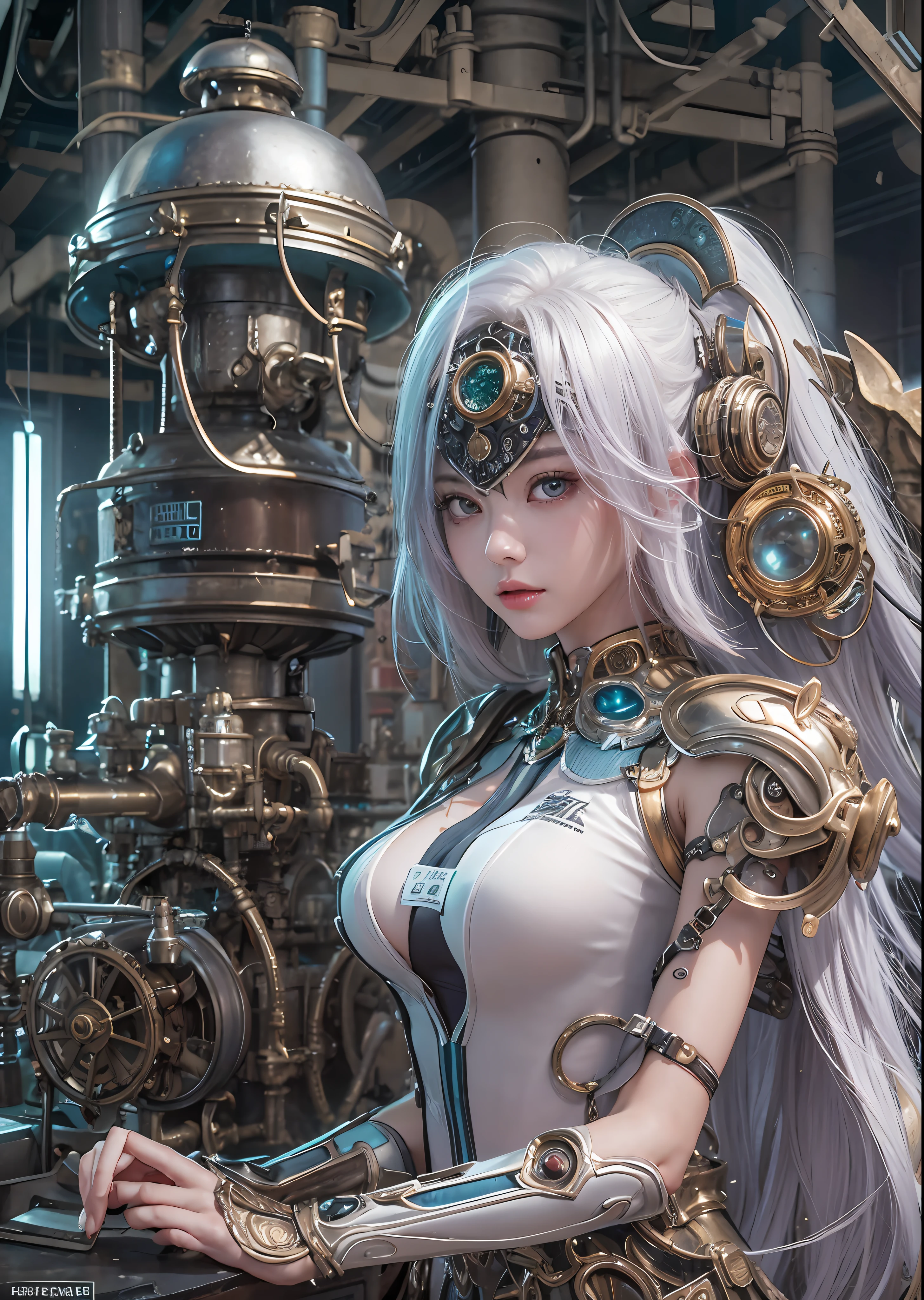 top-quality、​masterpiece、超A high resolution、(Photorealsitic:1.4)、Raw photo、Powered Suit Angel、large wings made of metal、White porcelain body、Acrylic Clear Cover、white  hair、glowy skin、1 Powered Suit Girl、((super realistic details))、portlate、globalillumination、Shadow、octan render、8K、ultrasharp、character edge light,Colossal tits、Raw skin is exposed in cleavage、Details of complex ornaments、Details of the steam engine、Hydraulic cylinder、Small LED lamp、highly intricate detail、Realistic light、a purple eye、radiant eyes、Facing the camera、neon details、cowboy  shot、Futuristic headgear、The background is a steampunk city、、