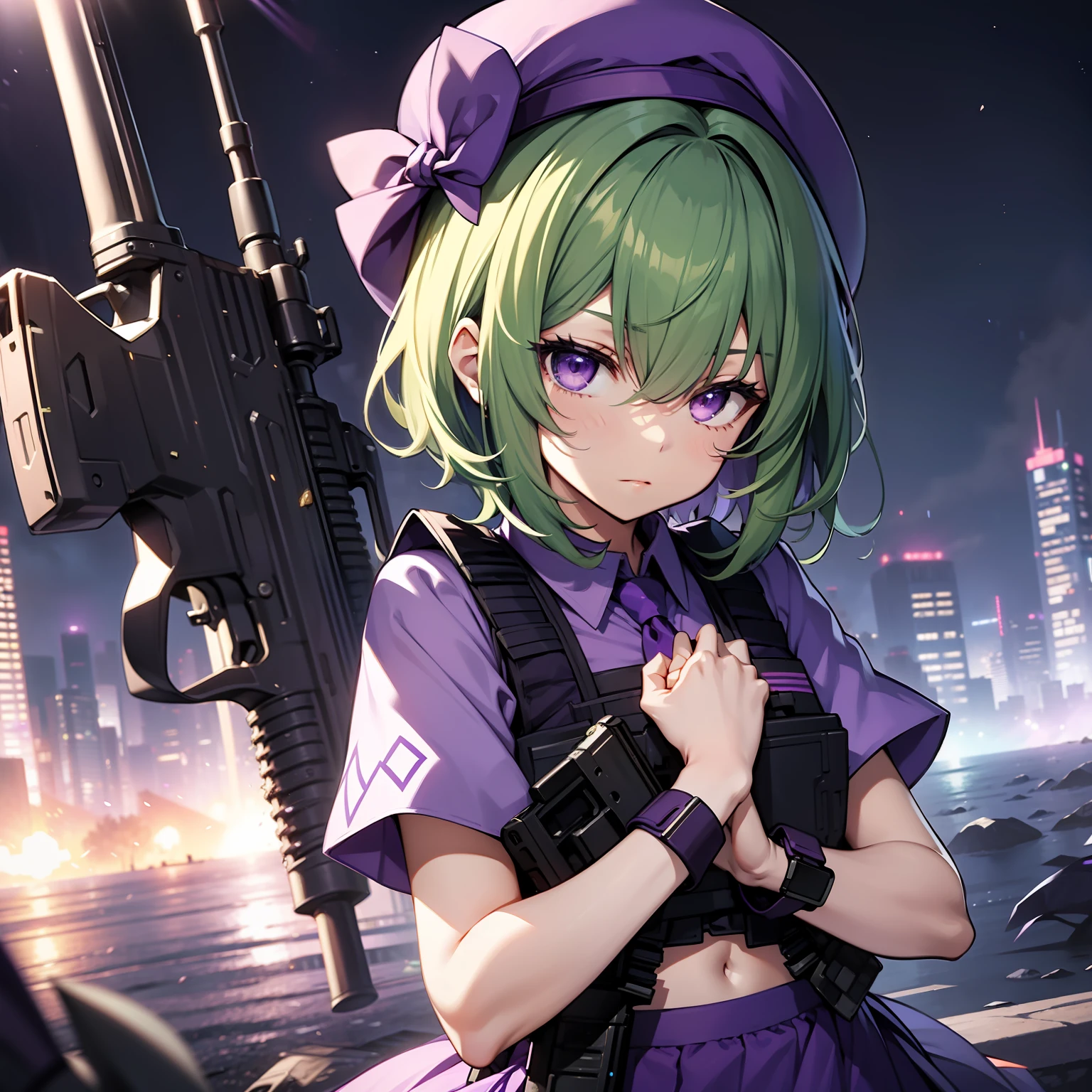 top-quality、Extremely Delicately Beautiful、(A teenage girl)、Purple eye、Green hair、short detailed hair、(Purple pointed hat)、purple necktie、soio、short- sleeved、Purple skirt、navel,tactical vest、short- sleeved、Purple skirt、((Assault rifle in both hands))、Midnight background