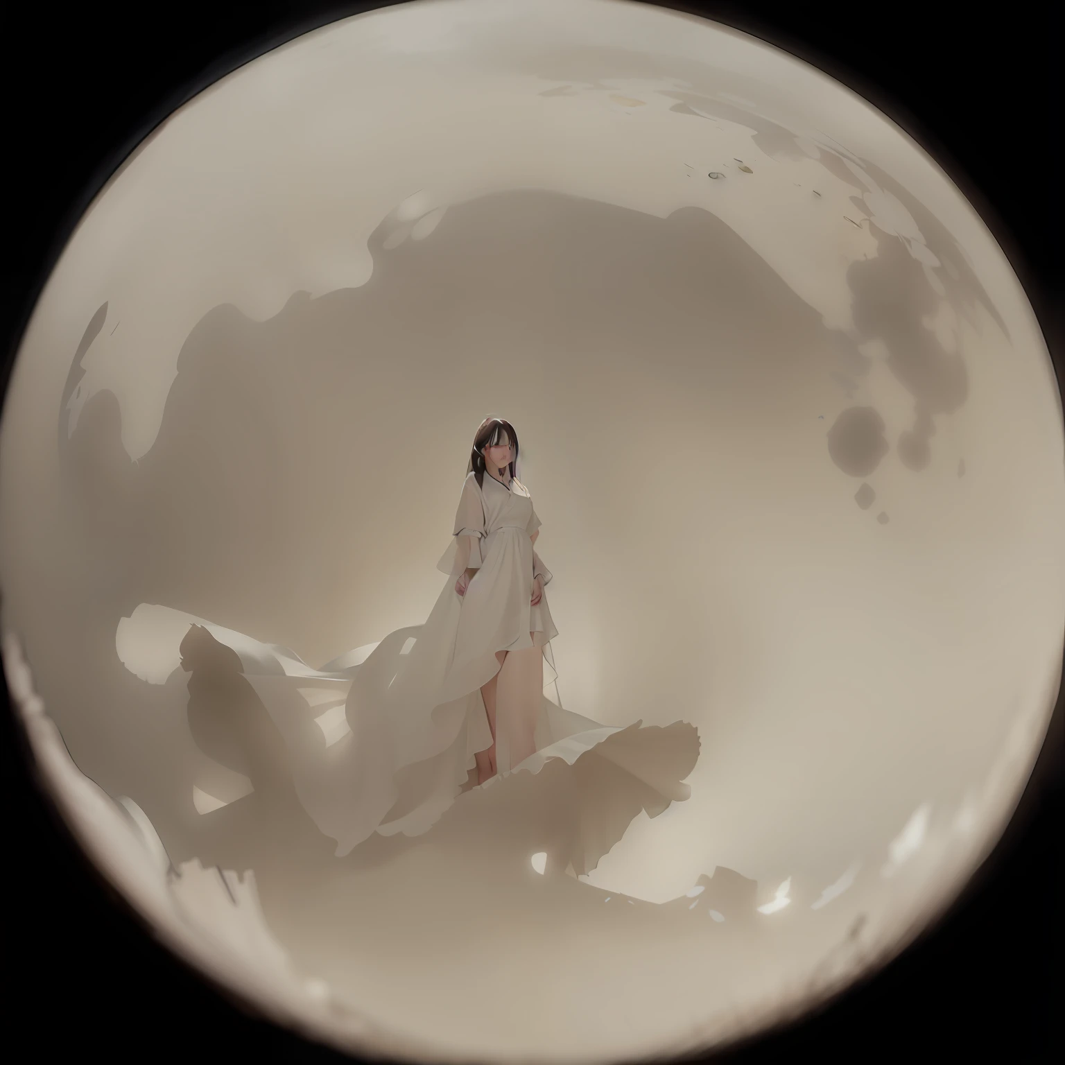 There was a woman standing in a white dress, a still of an ethereal, Guviz-style artwork, Makoto Shinkai. rendering by octane, Guviz, guweiz masterpiece, Makoto Shinkai. a digital rendering, Gloomy. By Makoto Shinkai, Albedo, makoto sinkai