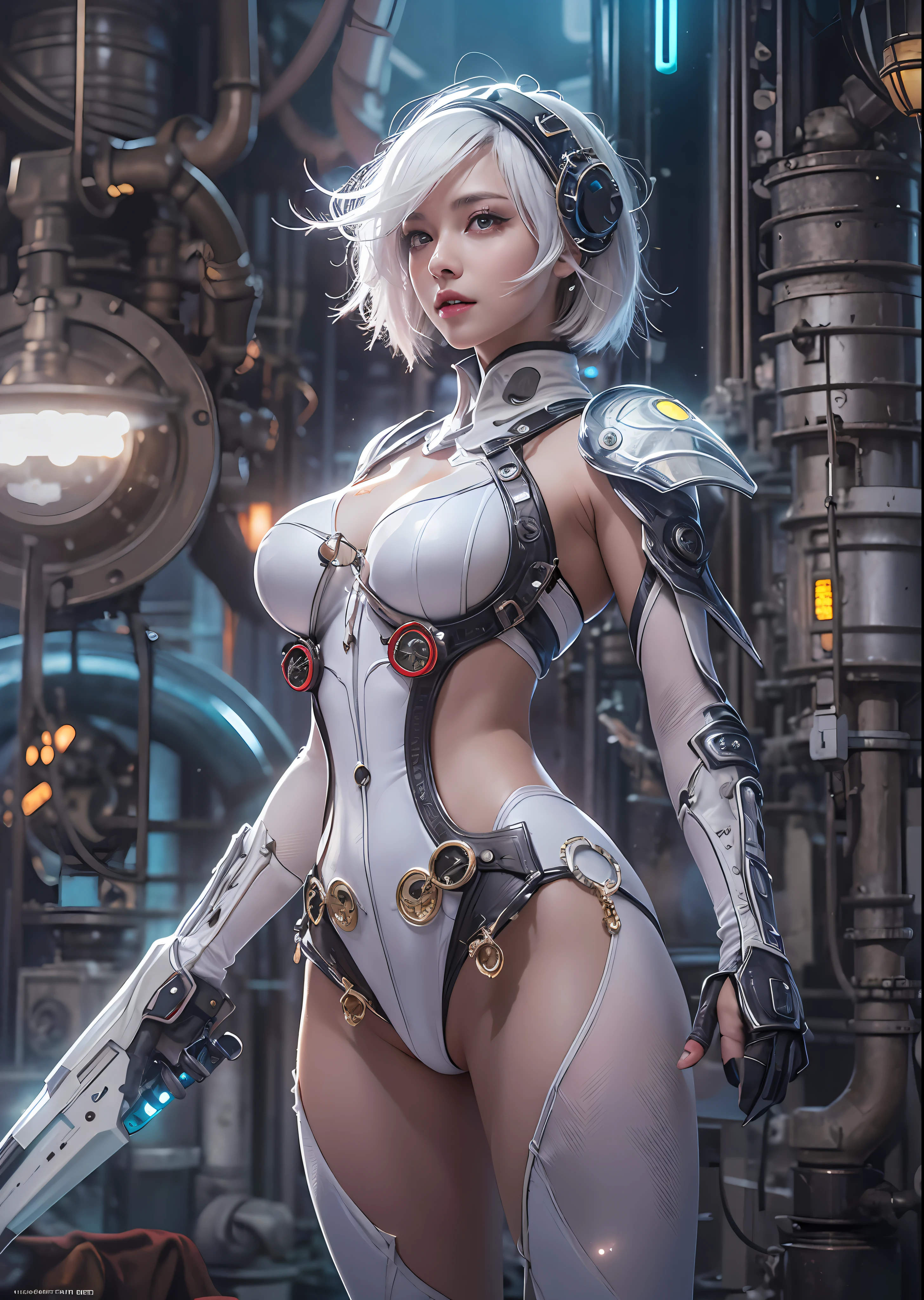 top-quality、​masterpiece、超A high resolution、(Photorealsitic:1.4)、Raw photo、Powered Suit Angel、large wings made of metal、White porcelain body、Acrylic Clear Cover、white  hair、glowy skin、1 Powered Suit Girl、((super realistic details))、portlate、globalillumination、Shadow、octan render、8K、ultrasharp、character edge light,Colossal tits、Raw skin is exposed in cleavage、Details of complex ornaments、Details of the steam engine、Hydraulic cylinder、Small LED lamp、highly intricate detail、Realistic light、a purple eye、radiant eyes、Facing the camera、neon details、cowboy  shot、Futuristic headgear、The background is a steampunk city、、