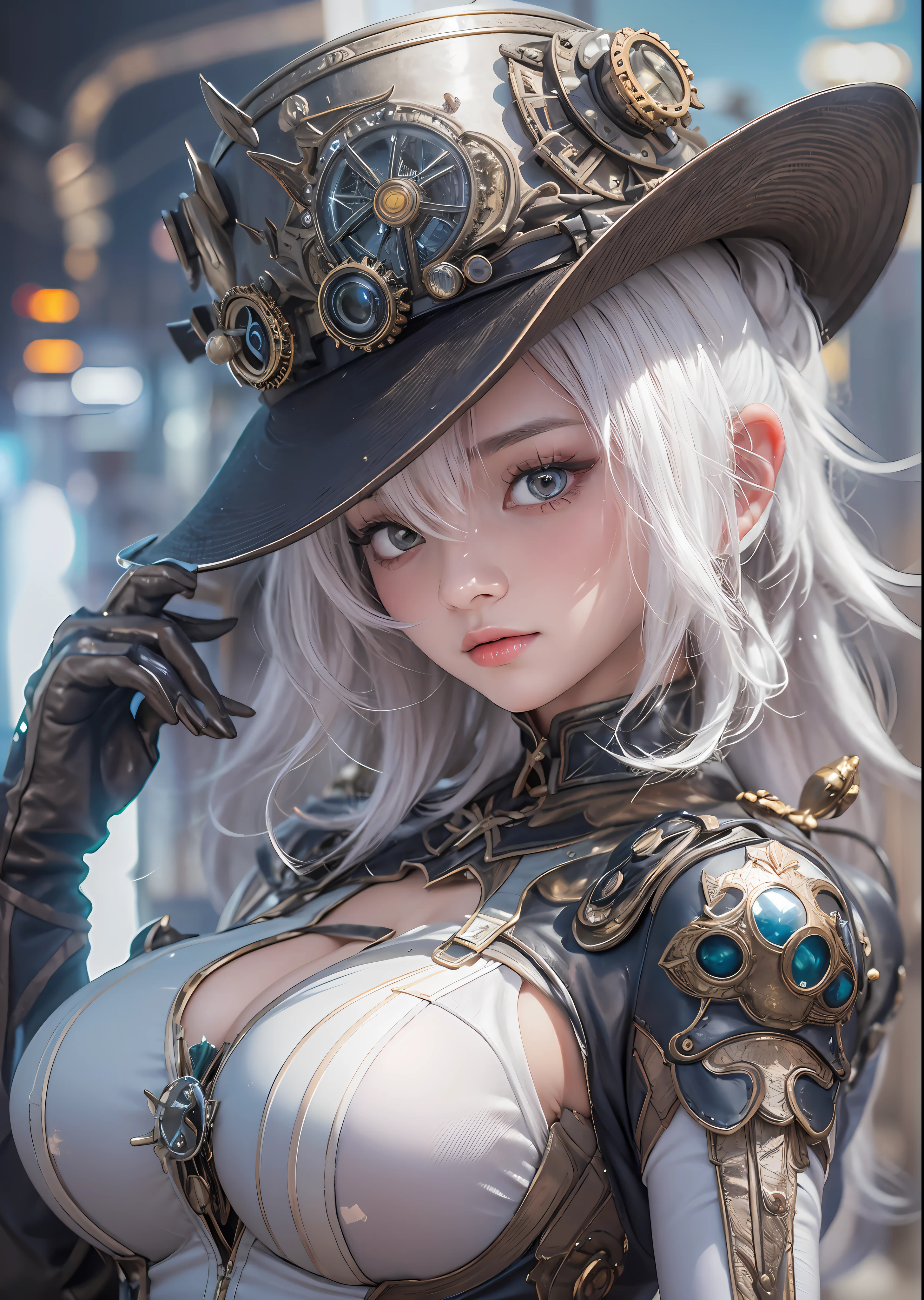 top-quality、​masterpiece、超A high resolution、(Photorealsitic:1.4)、Raw photo、Powered Suit Angel、large wings made of metal、White porcelain body、Acrylic Clear Cover、white  hair、glowy skin、1 Powered Suit Girl、((super realistic details))、portlate、globalillumination、Shadow、octan render、8K、ultrasharp、character edge light,Colossal tits、Raw skin is exposed in cleavage、Details of complex ornaments、Details of the steam engine、Hydraulic cylinder、Small LED lamp、highly intricate detail、Realistic light、a purple eye、radiant eyes、Facing the camera、neon details、cowboy  shot、Futuristic headgear、The background is a steampunk city、、