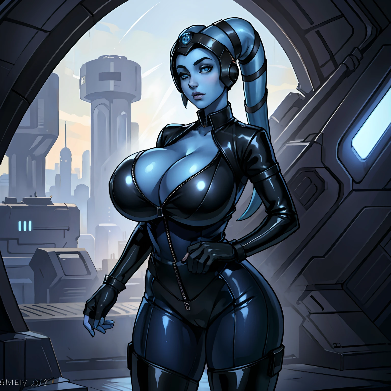 (masterpiece:1.2, best quality:1.2, beautiful, high quality, highres:1.1, aesthetic), detailed, extremely detailed, ambient soft lighting, 4K, perfect eyes, perfect face, perfect lighting, 1girl, (((blue skin)), twi'lek), (wearing black leather jumpsuit, flight suit, unzipped, utility belt, fingerless gloves, rolled sleeves, long boots, ((busty), slender body, thin, slim sexy body, slim waist, (((gigantic breasts), big cleavage))), Imperial starship, Star Wars,