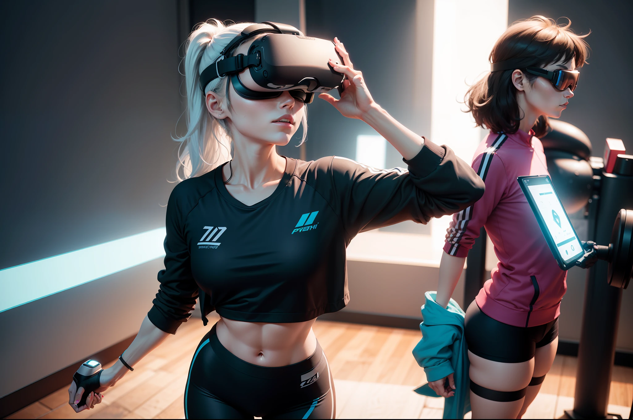 A person wears VR glasses for exercise，Fitness data，Precise focus，Flexible lighting，Simple colors，Memphis，Graphic illustration，C4D，3D，Works of masters，are standing，The nature of the advertisement