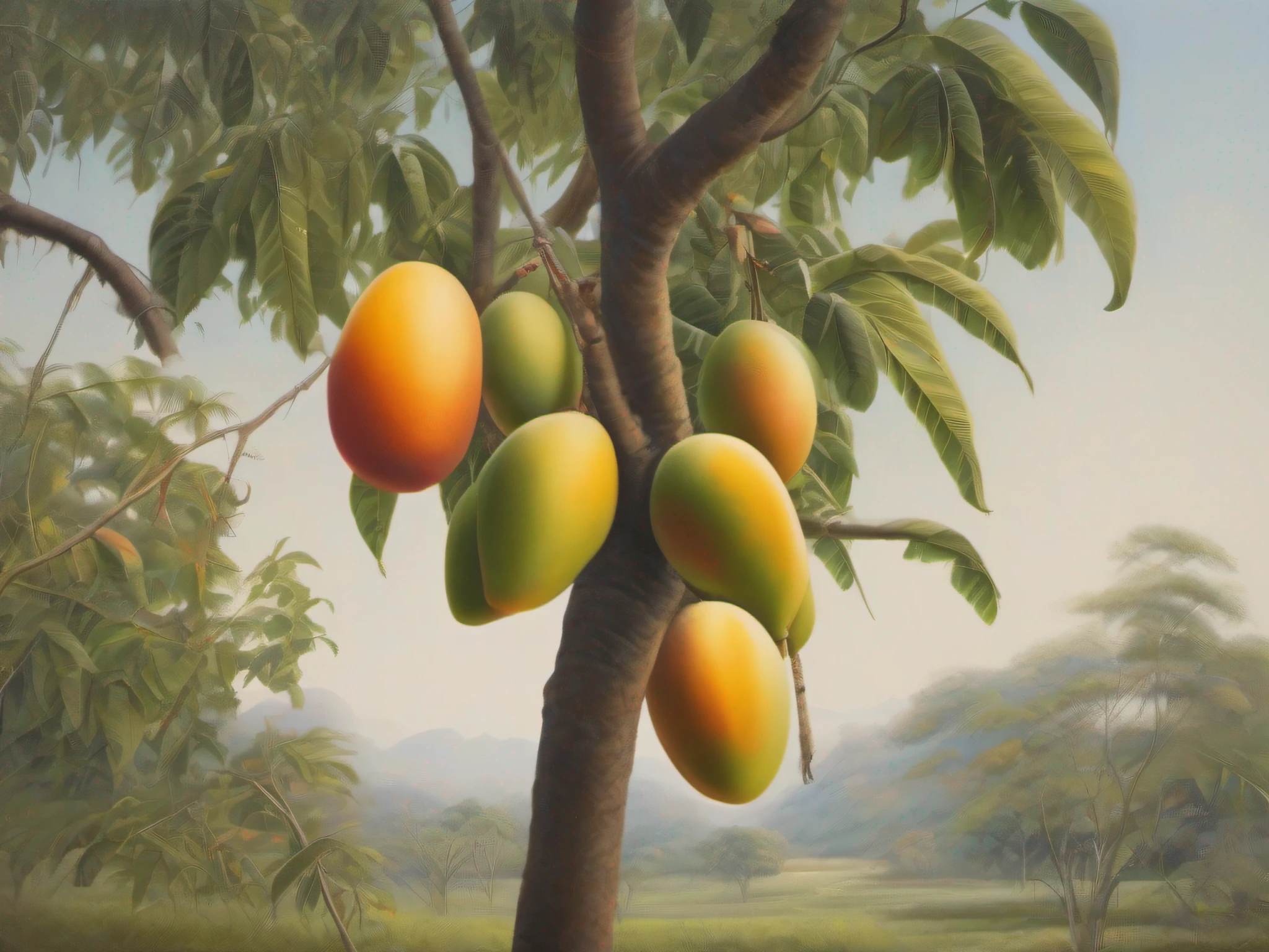 Physical painting,Large ripe mangoes hang from branches