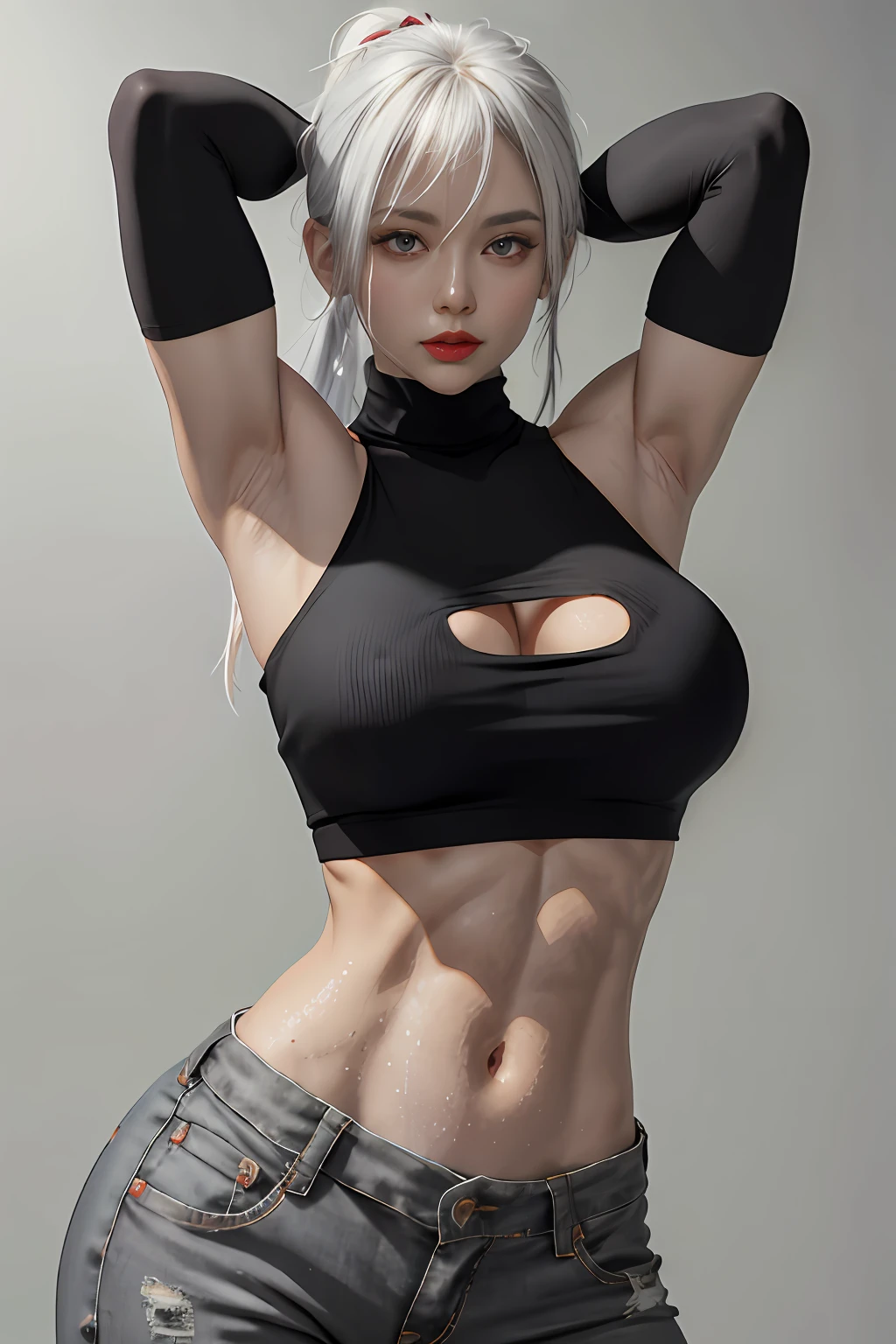 Girls, Bangs, Bare Shoulders, Black Pants, Breasts, Breasts squeezed together, Grey background, Hair between the eyes, Huge breasts, Long hair, View Viewer, Pants, Parted lips, Red eyes, Shirt, Simple background, Sleeveless, Sleeveless shirt, Solo, Turtleneck, V arm, White hair,(Shiny skin),(Masterpiece:1.4),(Best quality:1.4),,Facigirl,Red lips,Perfect abs, Navel, (nipple: 1.5), (sheer areola), nipple, huge, sweat, whole body