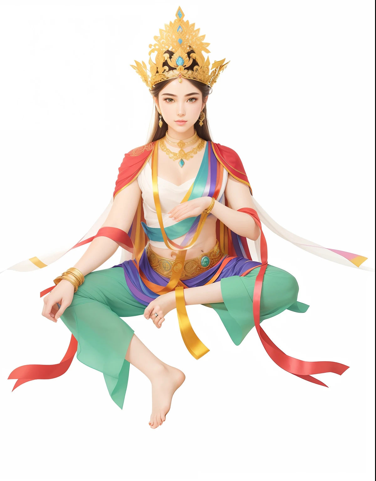 There is a beautiful goddess in the void，Young teenage girl，long eyebrow，Beautiful eyes sparkle，二重まぶた，Plump and rosy lips，The lower jaw is rounded，Fair skin is delicate and smooth，Radiant skin，A delicate and ornate crown，inlaid gemstones，choker necklace，Yingluo，Fair and delicate skin，bangle，ankle bracelets，Sit on the platform，(Hold the sphere with one hand)，(Extend the other hand five fingers from the palm of your hand)，white skinned，(Correct body structure)，White soft tulle garment，Blue silk dress，Streamers，Blue sky，flowing clouds，fresh flowers，(nice hand)，(Good feet)，(good legs)，realisticlying，white skinned，no-bra，Streamers flutter in the wind，Kim In-ro belt，with blue sky and white clouds，Clean skies，Head background with round light，Behind him is a faint rainbow circle，Front lighting，No shadows on the face，Unreal space，ethereal world，dreamworld，tmasterpiece，4K，ultra-definition，professional photoshooting，